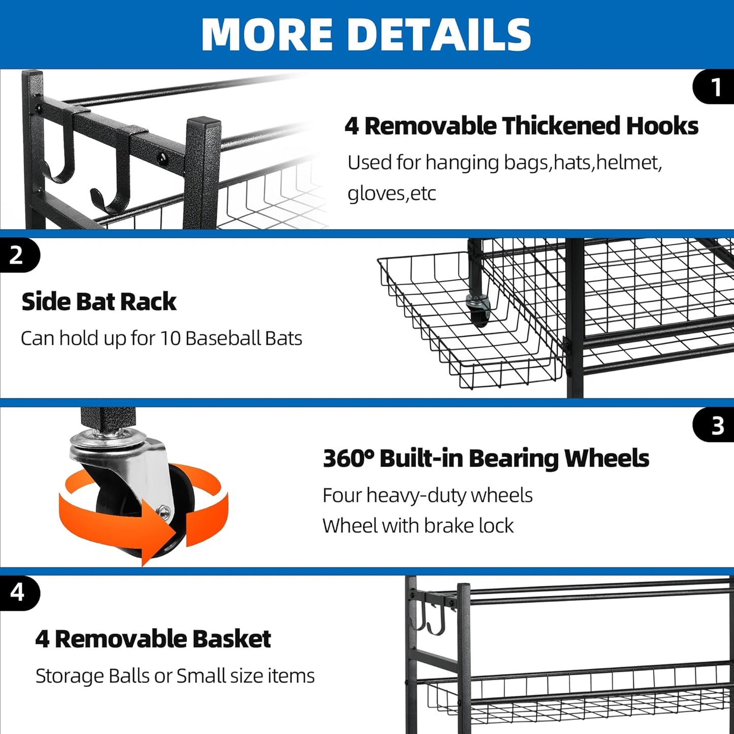 Garage Sports Equipment Organizer, Ball Storage Rack,Garage golf Organizer with Basket and Hooks,Rolling Sports Ball Storage Cart for Toy Gear Storage (45.71 inch)