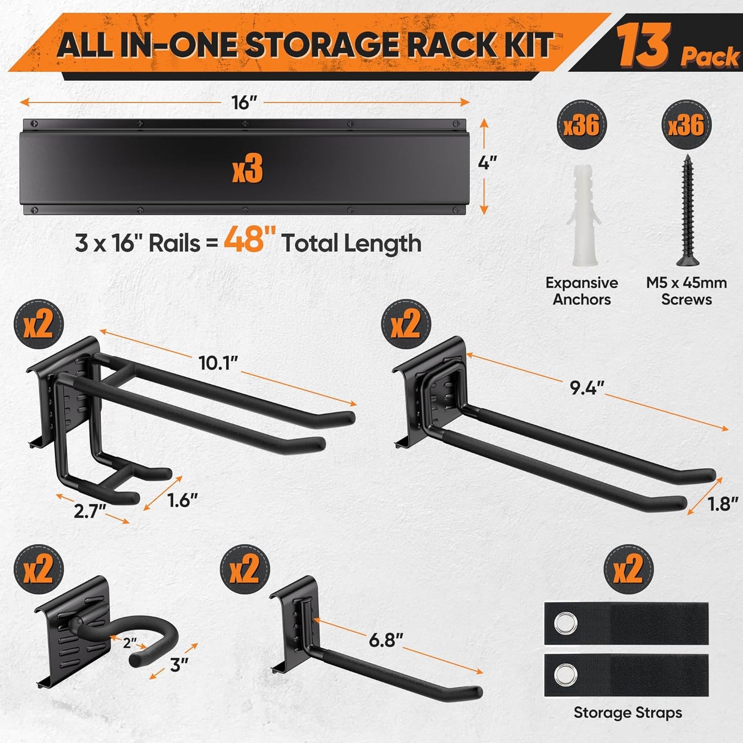 Garden Tool Organizer Wall Mount, 48 inches Tool Storage Rack with Adjustable Hooks, 600lbs Adjustable Heavy Duty Metal Hooks, Yard Shed Rack Holder System Hanging Rake Broom Mop, Father's day gifts