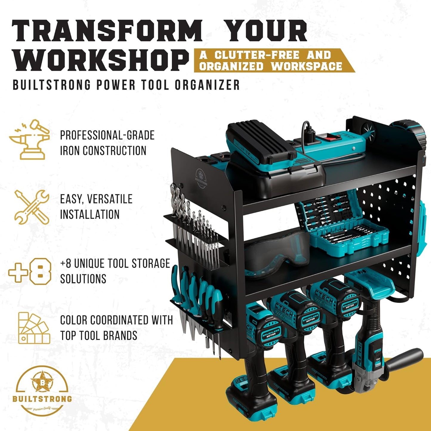 Power Tool Organizer Wall Mount - 3-Tier Heavy-Duty Metal Hand Tool Storage Rack, Utility Racks, Drill Holder, PegBoard Side, & More - Garage Storage Cordless Tool Organizer (Black)