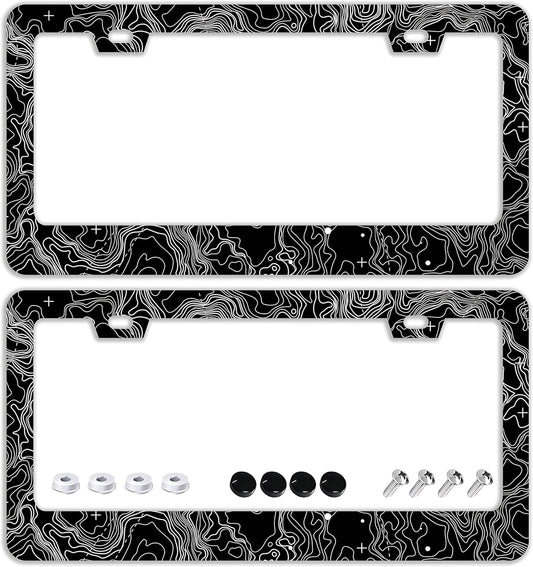 Topographic Map License Plate Frames - 2 Pcs Set 2 Holes Stainless Steel Metal Novelty Auto Car Accessories Decoration License Plate Frame Cover Size 6.3" x 12.2" Fit US Vehicles for Women Men Gift