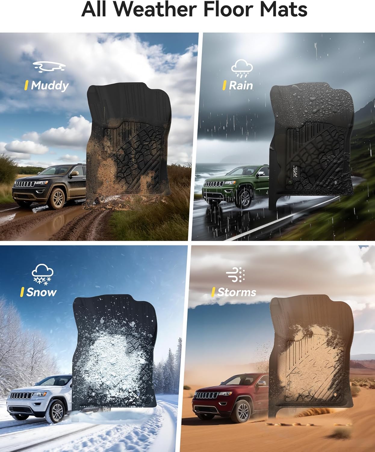 3W Floor Mats & Cargo Liner Fit for Jeep Grand Cherokee 2016-2021/ Grand Cherokee WK 2022 2023 (Non L), TPE All Weather Custom Fit 1st and 2nd Rows Car Mats and Trunk Liner, Black