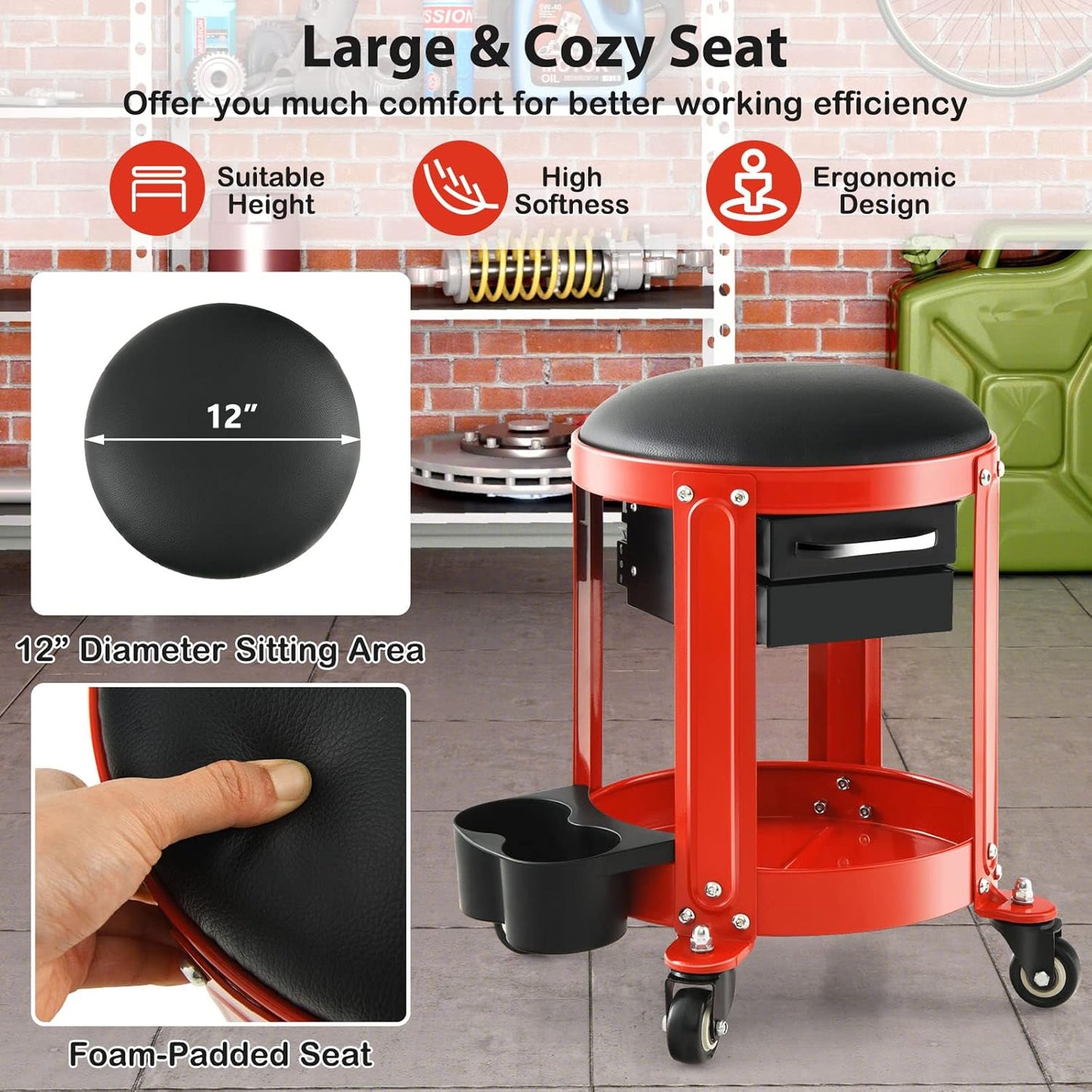 S AFSTAR Garage Shop Roller Seats, Adjustable Pneumatic Rolling Creeper Stool W/Removable Padded Seat, 2-Direction Drawers, Twin Can Holder, Round Mechanic Rolling Stool, 330 LBS Max Load