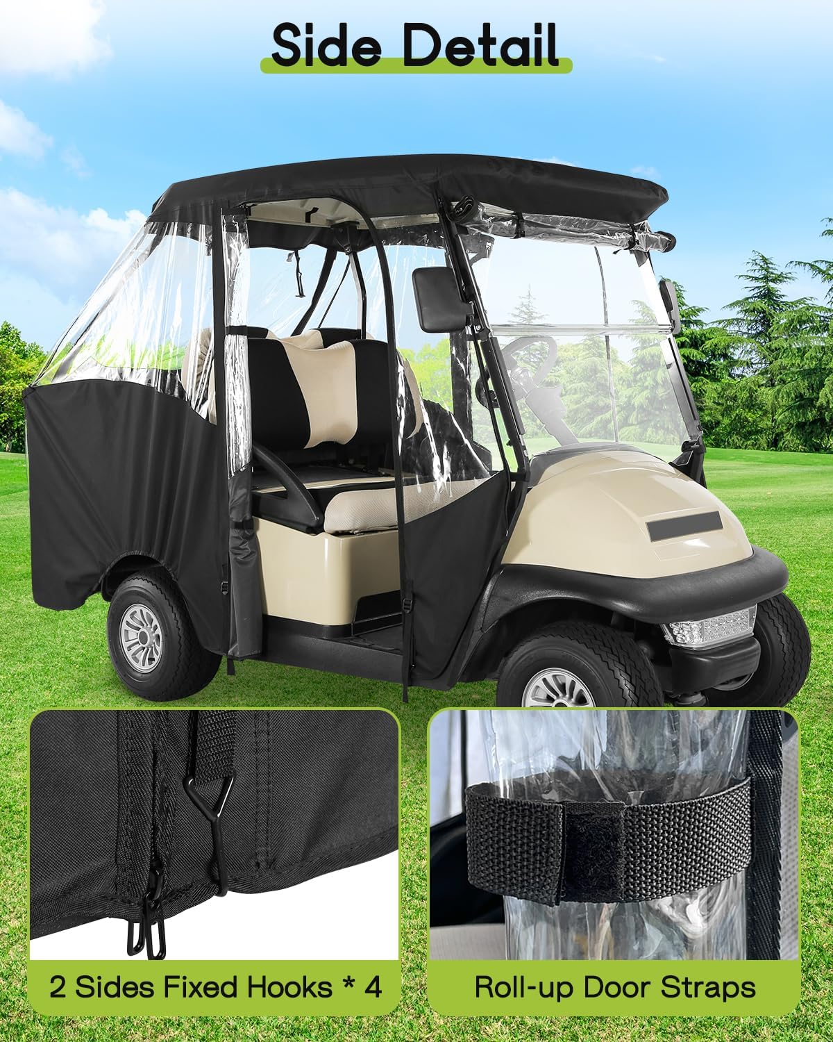 4 Passenger Golf Cart Enclosure for Club Car Precedent Short Roof 2+2 Waterproof Windproof Driving Rain Covera Fit 4-Seater with 4-Sided Clear Windows Mirror Zipper Roll-up Door Black