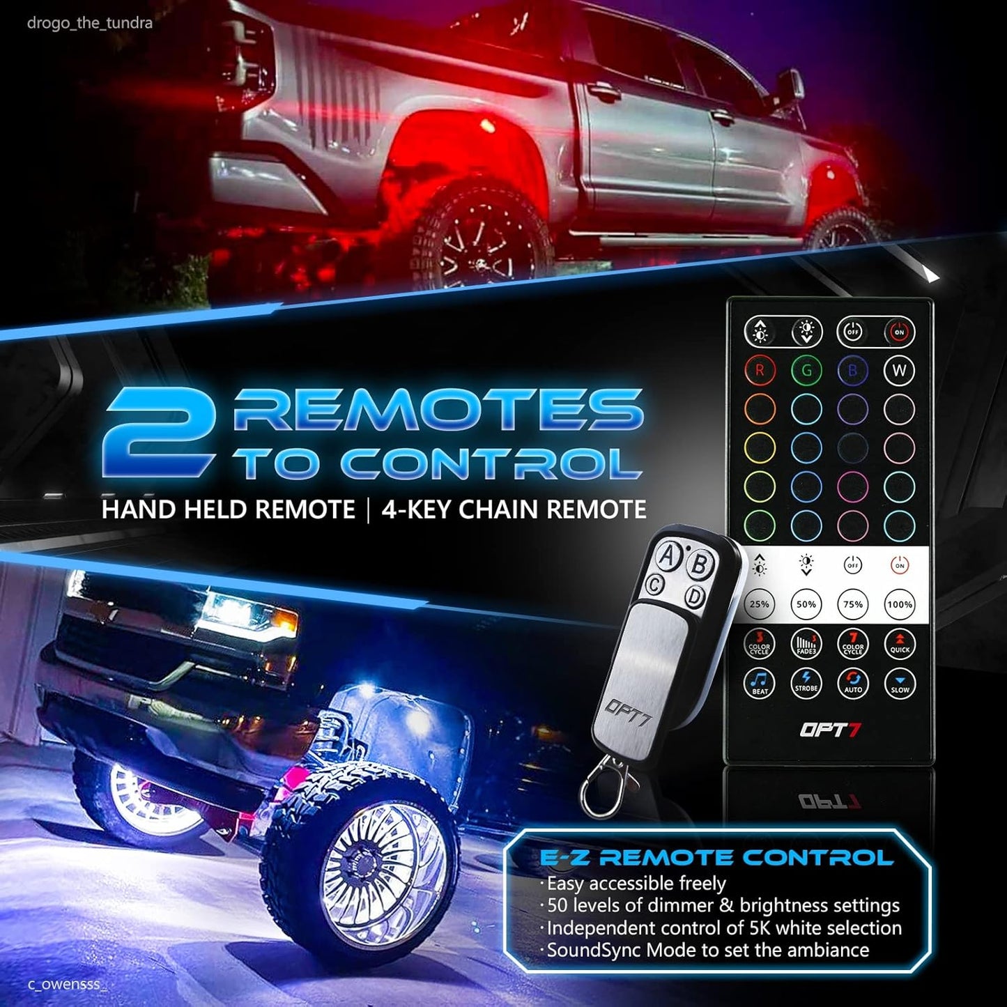 OPT7 Quantum RGBW LED Rock Lights with Remote Control, 4 Pods Wide Angle Multicolor Neon Underglow Lighting Kit with Extension Wire, IP68 Waterproof for Offroad Truck Jeep RZR ATV UTV SUV