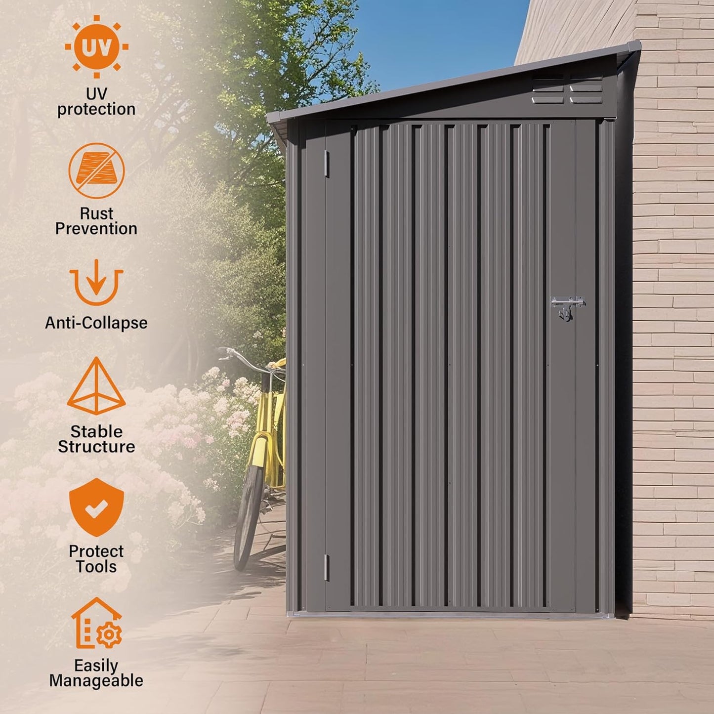 4x9 FT Outdoor Storage Shed,Lean to Metal Shed W/Window,All Weather Waterproof Garden Storage Shed W/ 6 Air Vents & 1 Lockable Door,Weatherproof Tool House W/Sloped Roof,for Lawn,Gray