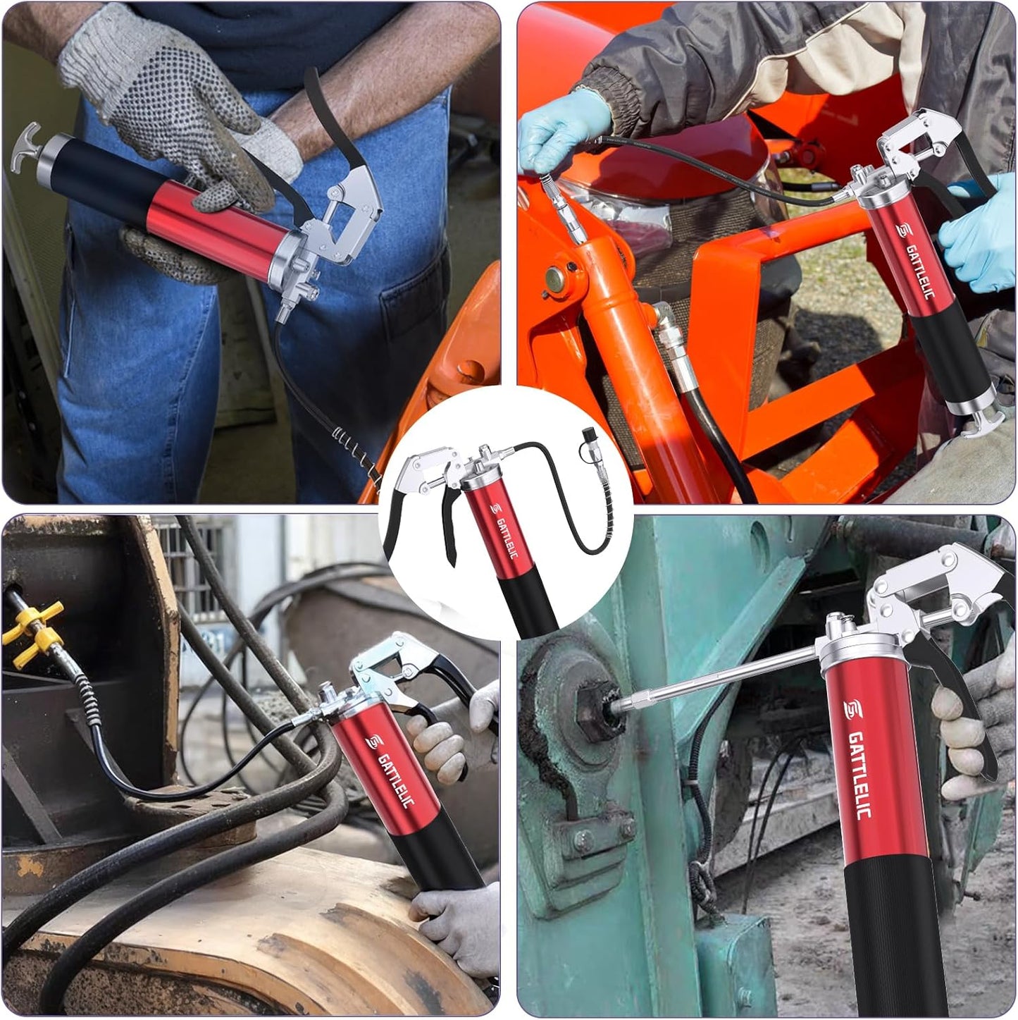 8000 PSI Heavy Duty Grease Gun Kit - 14oz with Flex Hose, Sharp Nozzle, Extension Pipe & Coupler, Red
