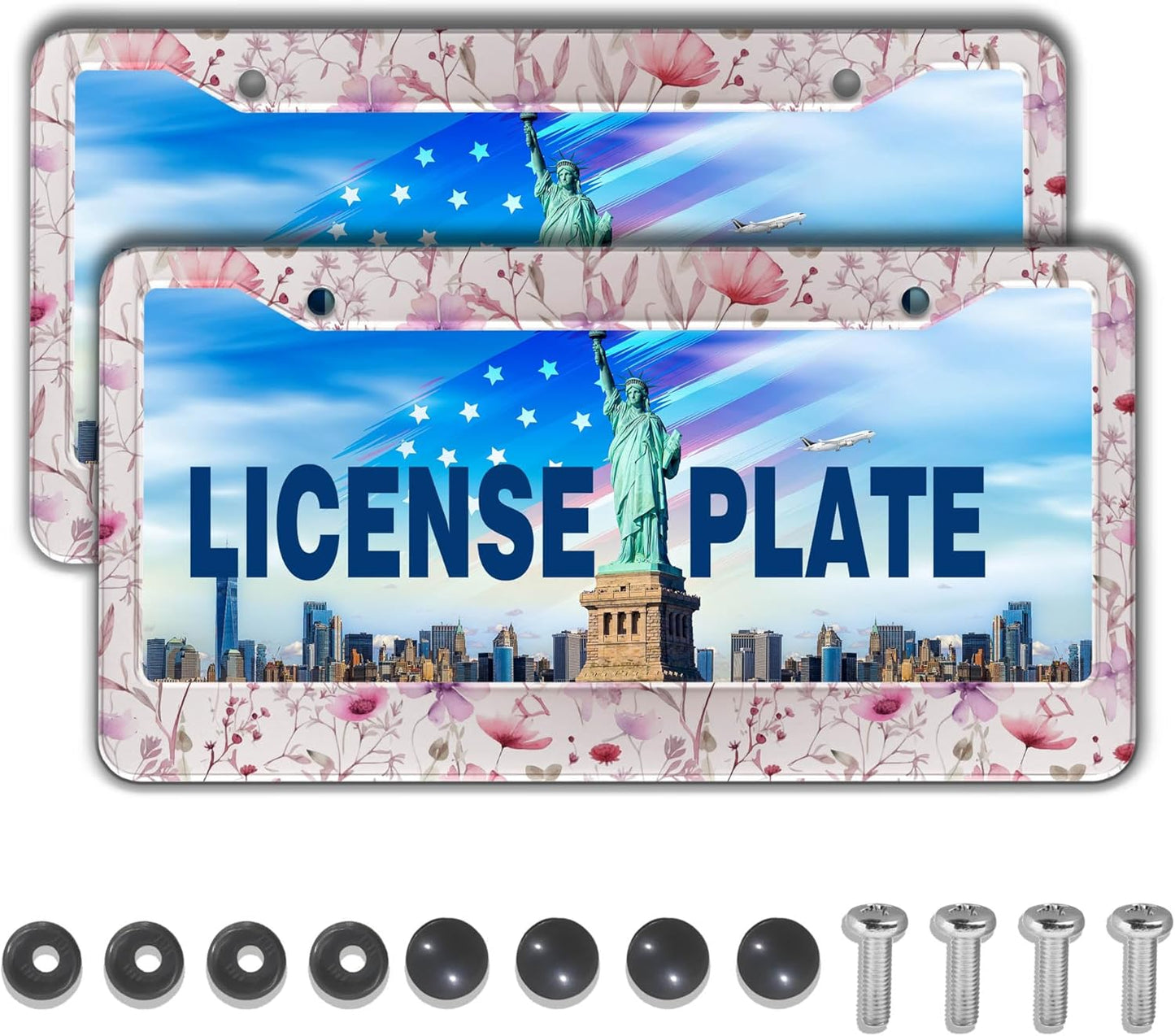 License Plate Frame Holder for Women Powder License Plate Frames for Men Pink Flower Aluminum Metal Car Accessory 2 Pack with Screw Covers Set