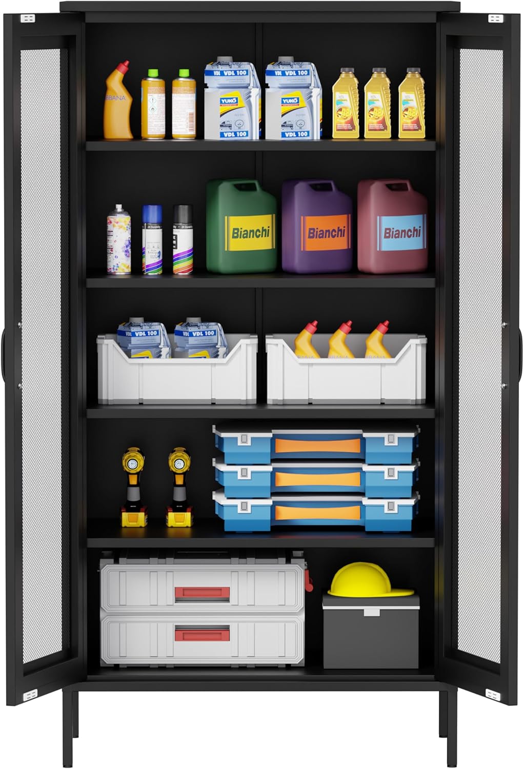 73 '' Metal Garage Storage Cabinet, 2 Doors and 4 Adjustable Shelves, mesh Door Design, can be Used to Store Tools, consumables, Books, etc., for Office, Home, Garage, Gym, School (Black)