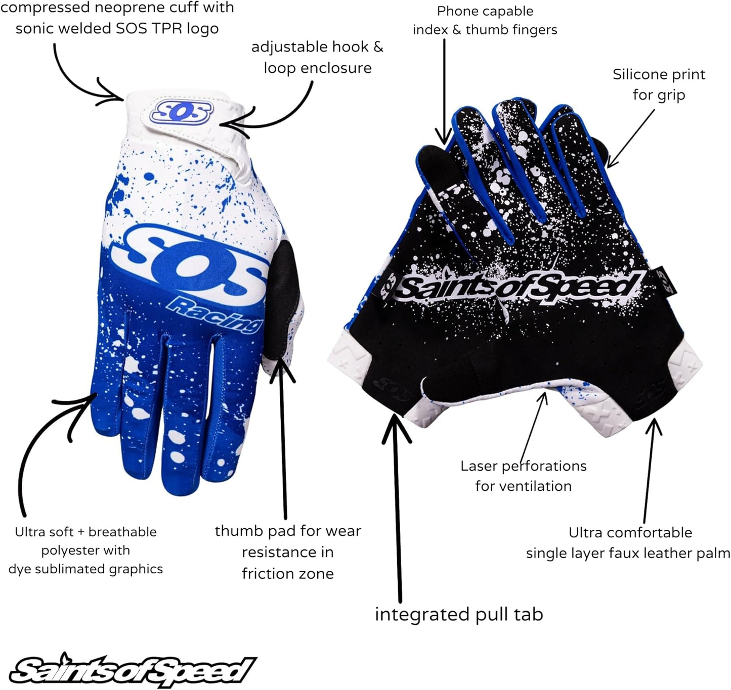 Saints of Speed Dirt Bike Gloves – Motocross, Mountain Bike, Motorcycle, BMX, Jetski, Sim, Karting, Airsoft, Paintball, Driving & Racing Bike Gloves + Phone & Touch Screen Capable