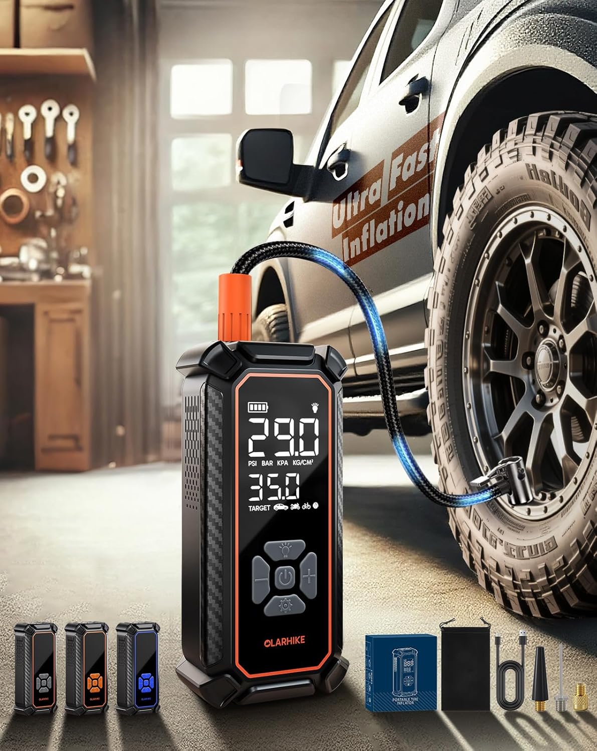 OlarHike Cordless Tire Inflator Portable Air Compressor, Ultra Fast Inflation, Air Pump for Car Tires, Pickup Truck, Motorcycle, Bicycle, Balls, Electric Pump with LED Light & Digital Pressure Gauge