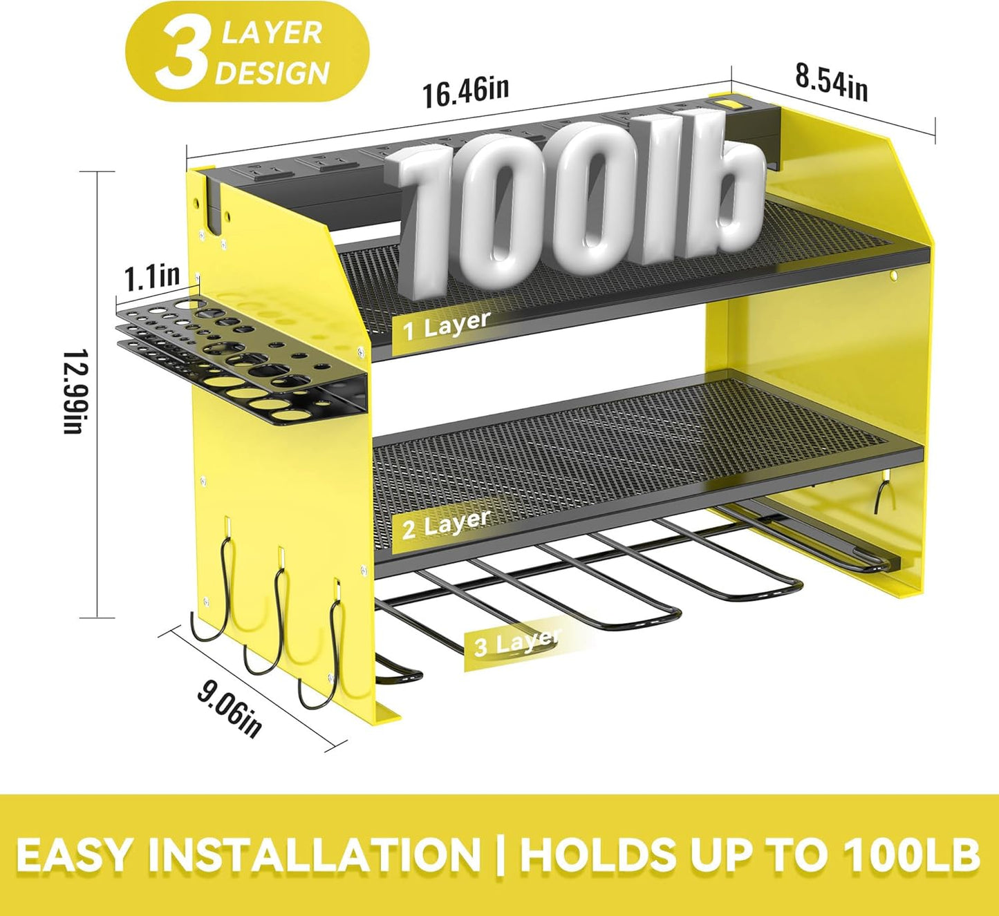 3-Tier Modular Drill Holder & Power Tool Organizer Wall Mount with Charging Station, Tool Storage Rack with Hooks, 8-Outlet Power Strip, Bit Rack & Cordless Garage Tool Organization (Yellow)
