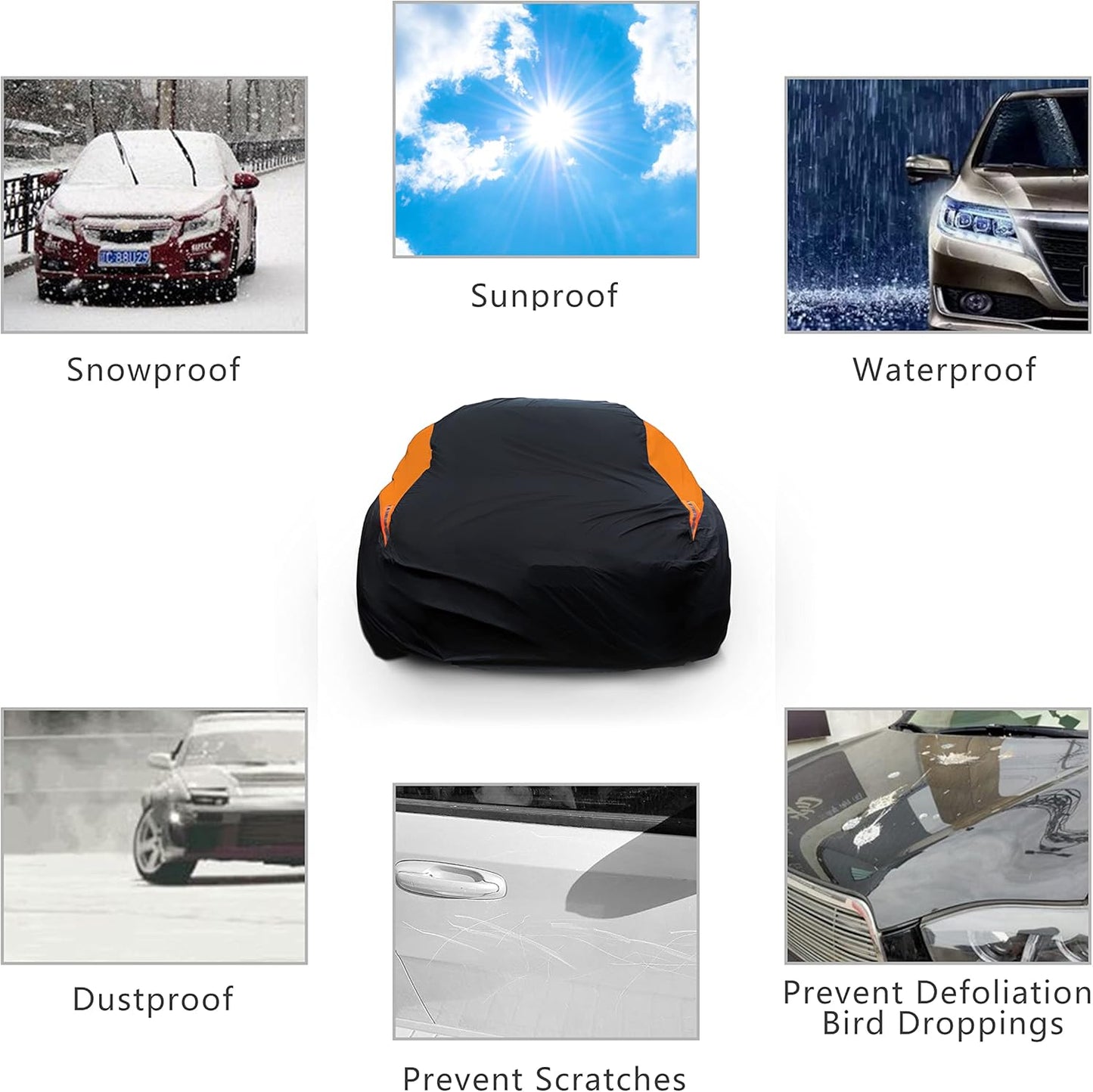 MORNYRAY Waterproof Car Cover All Weather Snowproof UV Protection Windproof Outdoor Full car Cover, Universal Fit for Sedan (Orange, A6-Fit Sedan Length(207-216 inch)