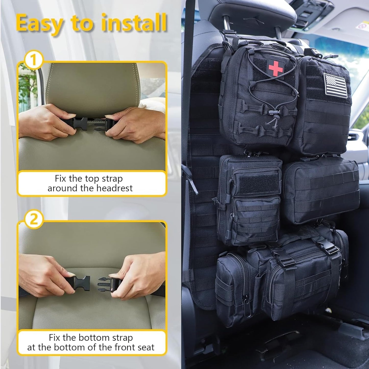 Universal Tactical Seat Back Organizer Vehicle Molle Panel Organizer Storage Bag with 5 Detachable Molle Pouch for All Vehicel Such as Jeep,Truck,SUV, Car, Ford,Chevy etc