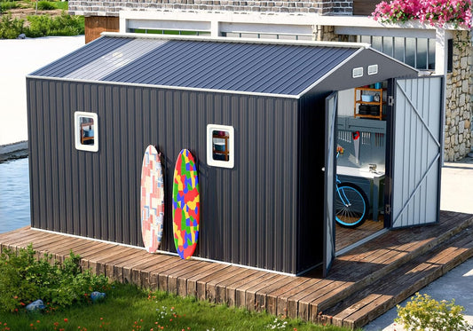 10x10 FT Metal Shed Large Waterproof Outdoor Tools Storage with Clear Roof Windows Air Vent Door for Outside Garden Patio Lawn Backyard to Store Bikes,Lawnmower,Garage,Dark Grey