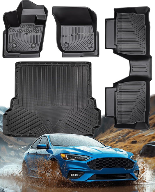 Car Floor Mats for Ford Fusion with Cargo Liner 2020 2019 2018 2017 (Not Hybrid), Trunk Cargo Mat Custom Fit for Fusion Accessories 2017-2020 Full Set 4-Piece Black