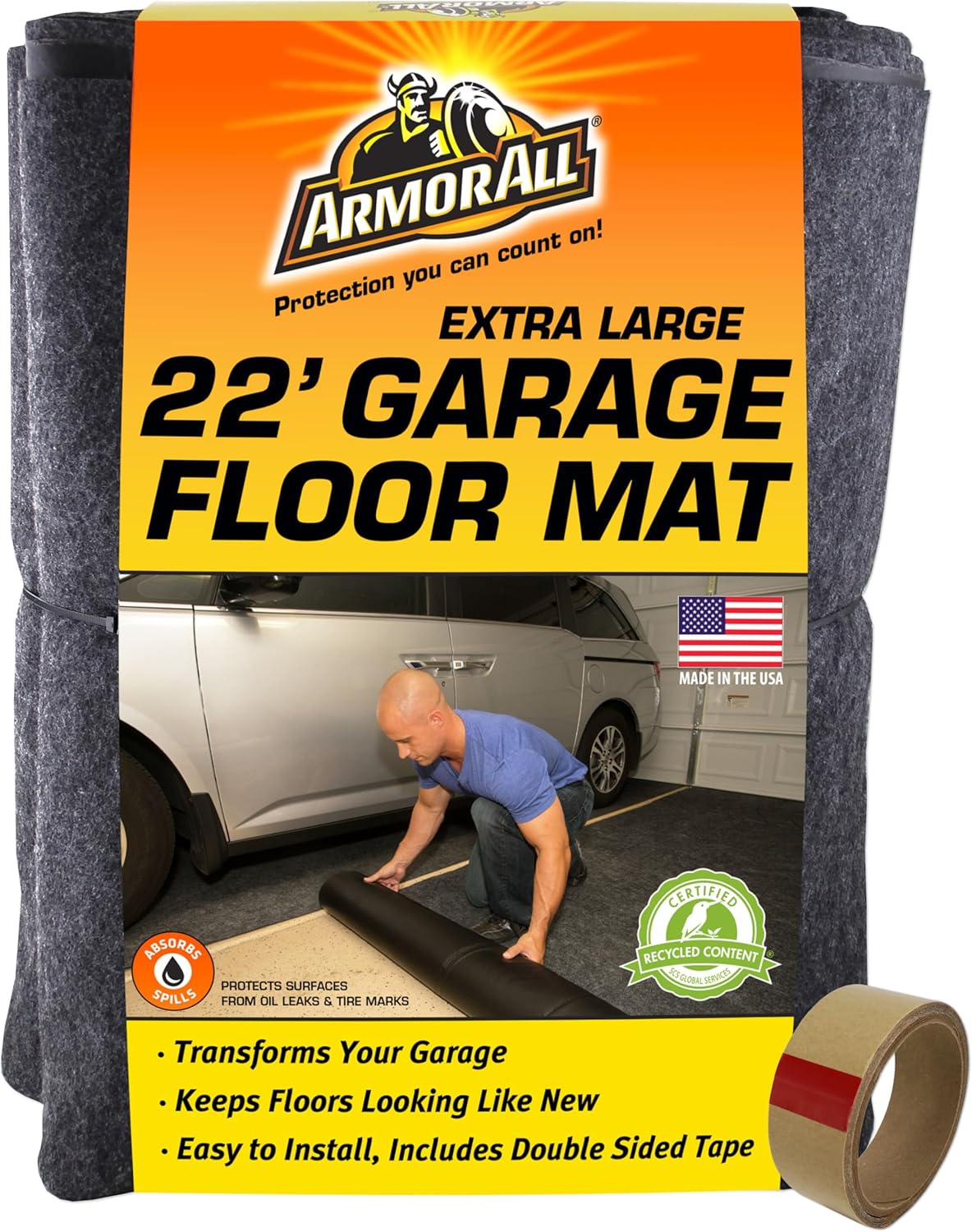 Armor All Original XL Garage Floor Mat, (22' x 8'10"), (Includes Double Sided Tape), Protects Surfaces, Transforms Garage - Absorbent/Waterproof/Durable (USA Made) (Charcoal)