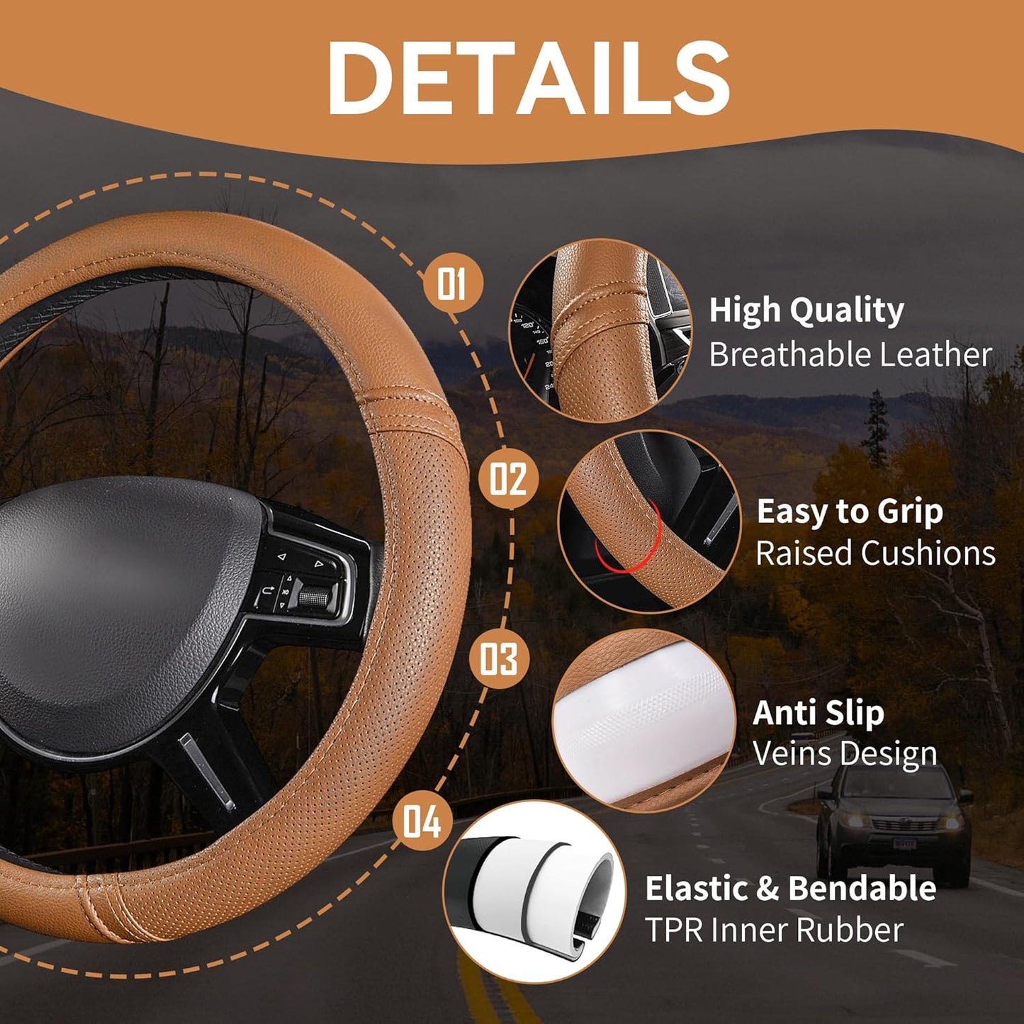 Car Pass Classical Leather Automotive Universal Steering Wheel Covers,Universal Fit for Suvs,Trucks,Sedans,Cars,Vans,14.5-15inch Anti-Slip Safety Comfortable Desgin(Brown)