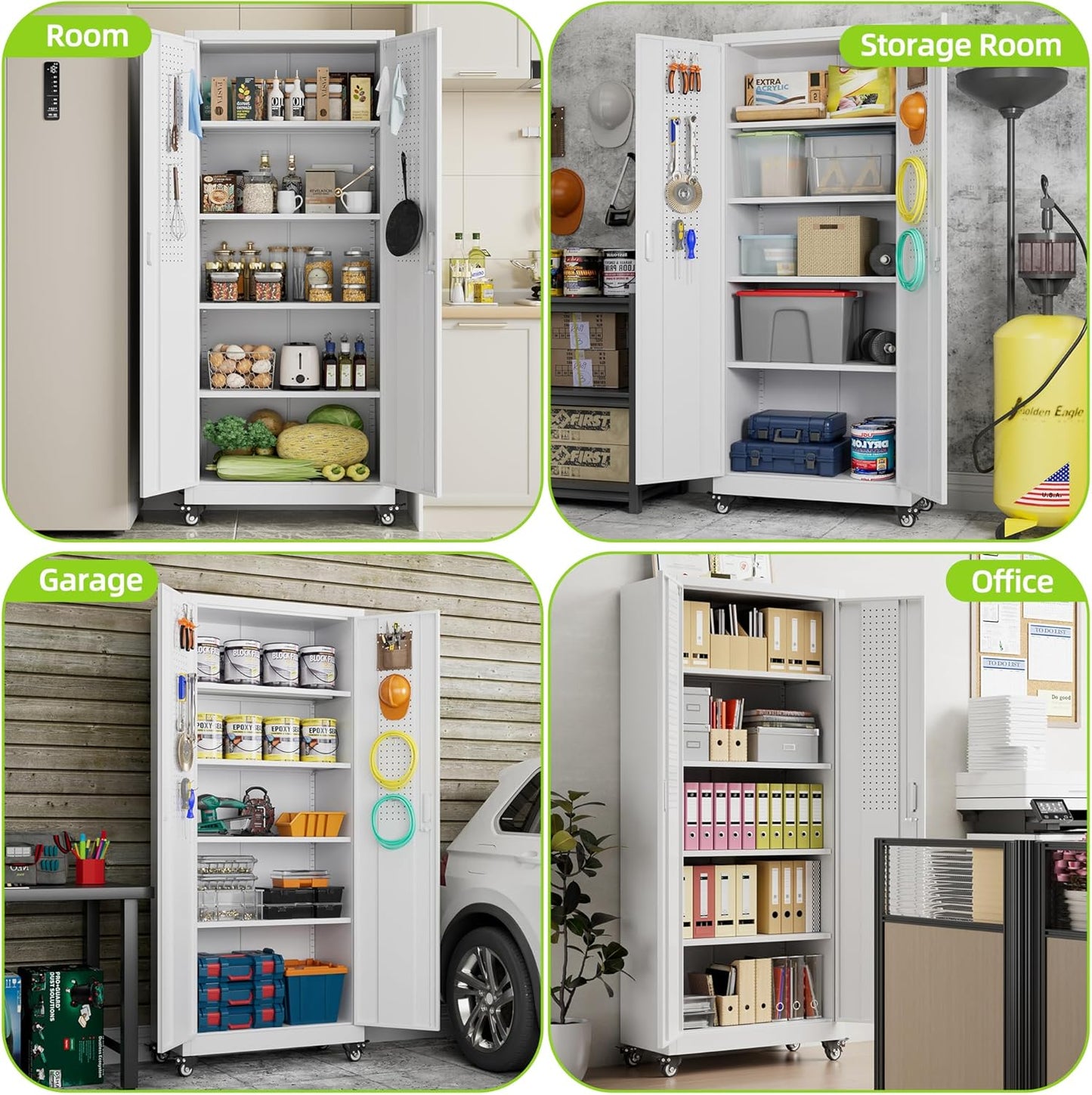 Garage Storage Cabinet with with Pegboard and Wheels,73" Metal Lockable File Cabinet with 2 Doors and 4 Adjustable Shelves,Tool Storage,Home Office Garage,Gym,School (White)