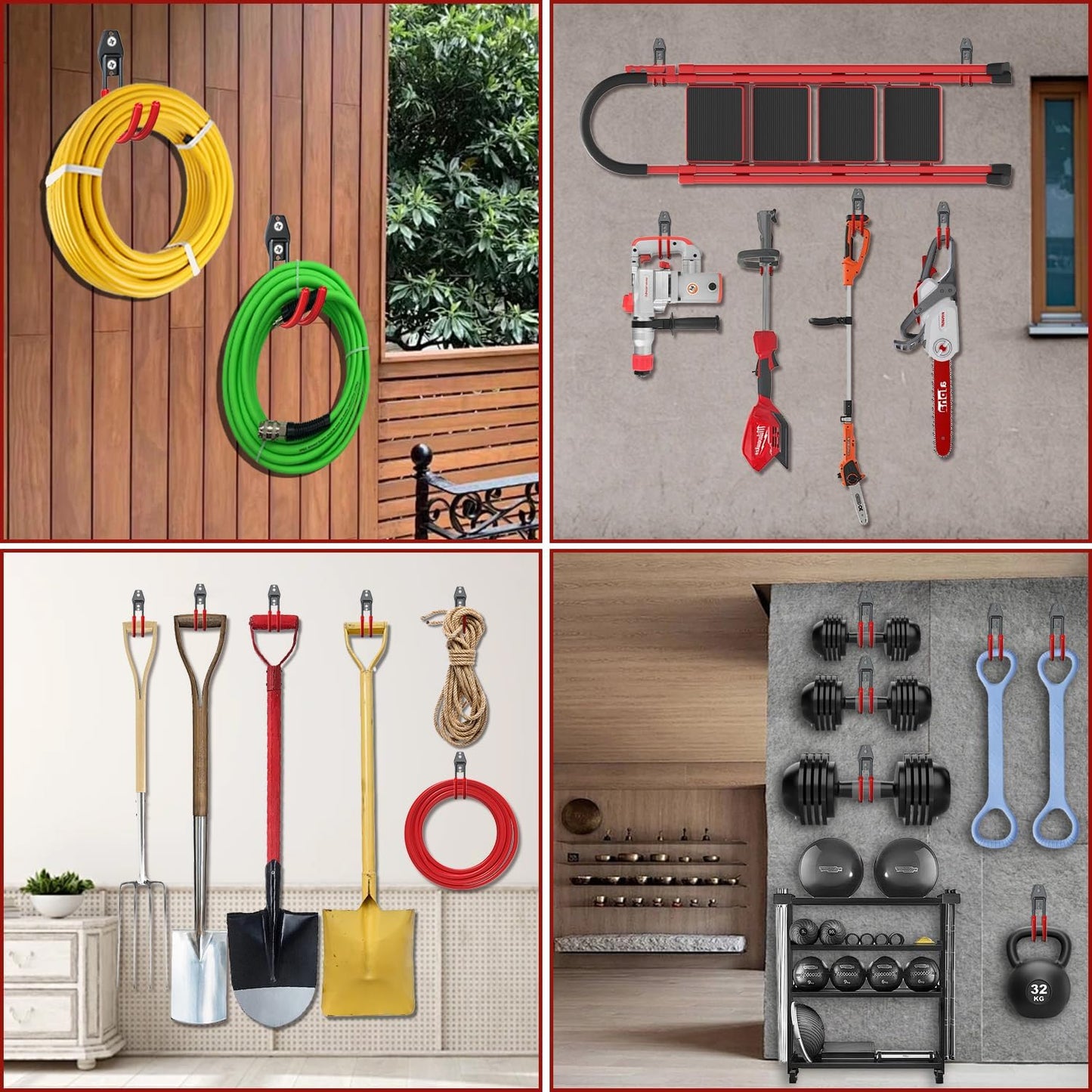 3-H Garden Hose Holder Wall Mount 4 Pack,Solid Steel Hose Hanger,Water Hose Holders for Outside,Perfect for Hanging Outdoor Air Hose,Ropes,Pipes,Garden Tools,Ladders,Bikes,Bulk Items(Red)