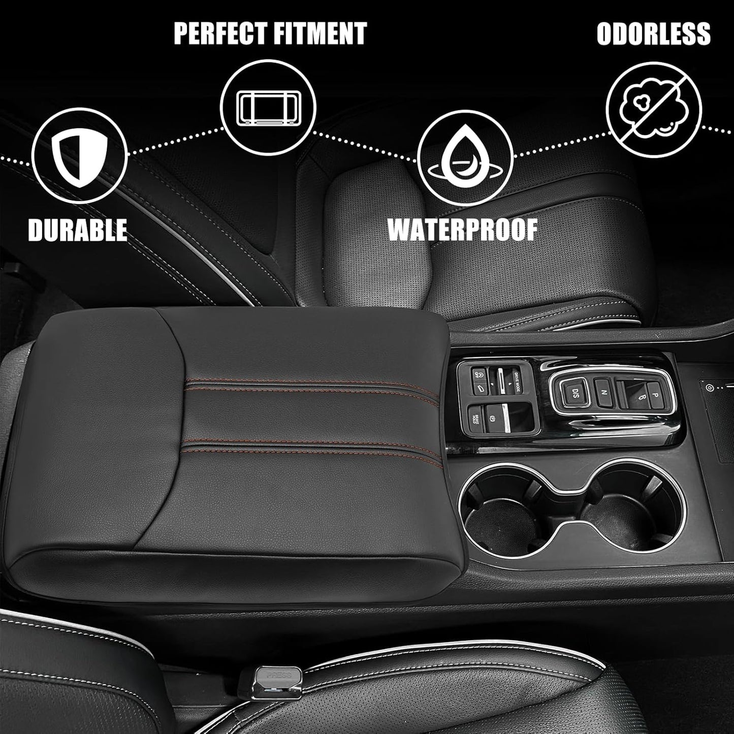 Muslogy Center Console Cover Compatible with Honda Pilot 2023 2024 2025, 2024-2026 Ridgeline/Passport Accessories Armrest Pad Lid Cushion Console Protector Vegan Leather Extra Soft(Black/Orange Trim)
