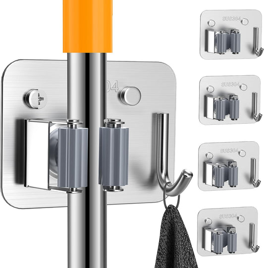 4 Pack Stainless Steel Mop and Broom Holder Wall Mount with Hook, Screw Drilling Mop and Broom Hanger, Single Heavy Duty Storage Rack for Laundry Garage Closet Garden Tool Organizer, Silver