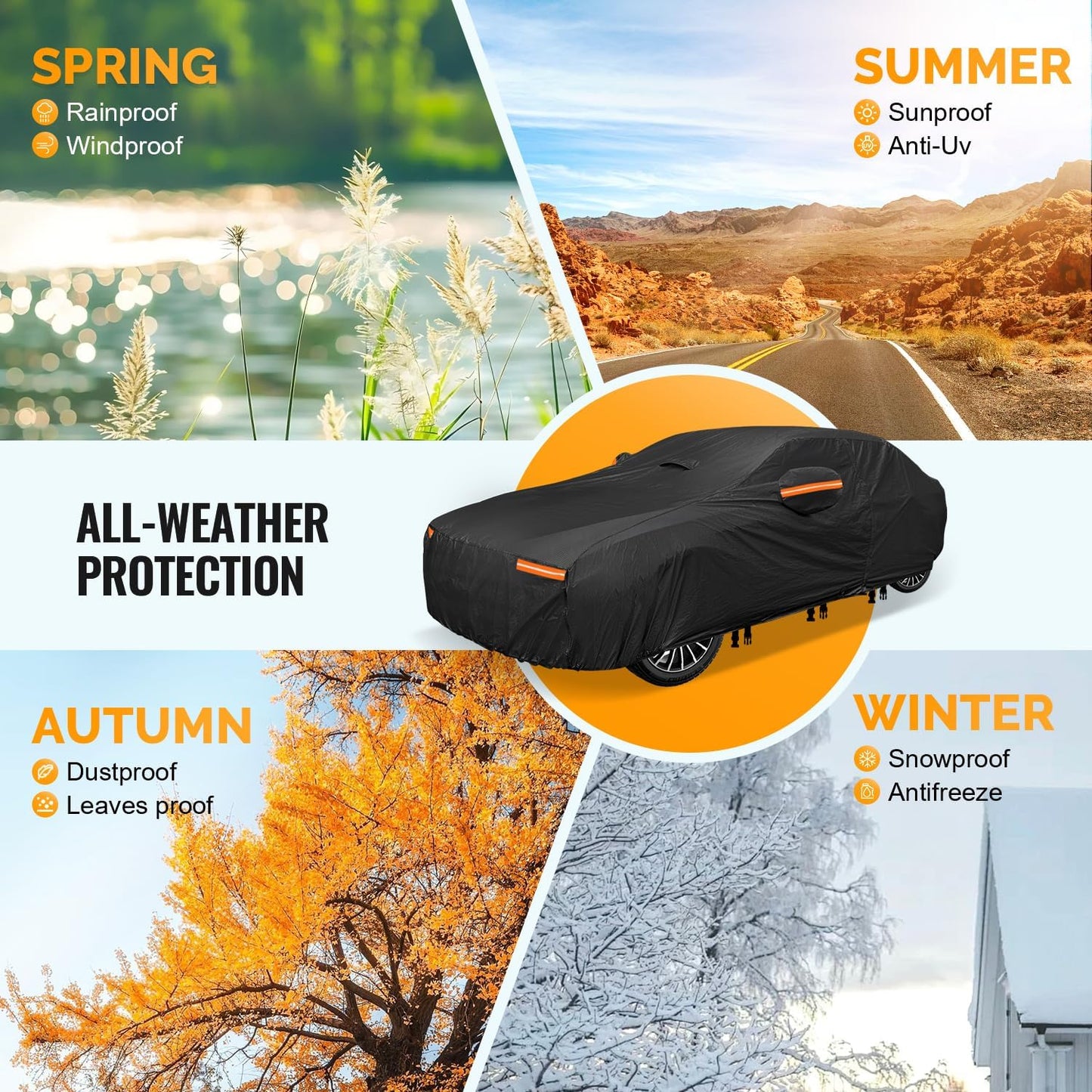 30 Layers Car Cover for Automobiles All Weather Waterproof, Outdoor Snowproof UV Protection Windproof, Door Zipper, Soft Cotton, Heavy Duty Universal Car Covers, (Black, Fit Sedans 201"-210")