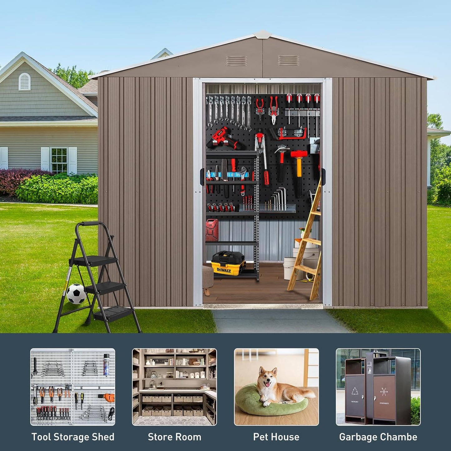 10×8FT Outdoor Metal Storage Shed Large Garden Sheds with Floor Base & Window,Sliding Doors and Padlock for Garden,Backyard,Lawn,Easy to Assemble,Grey