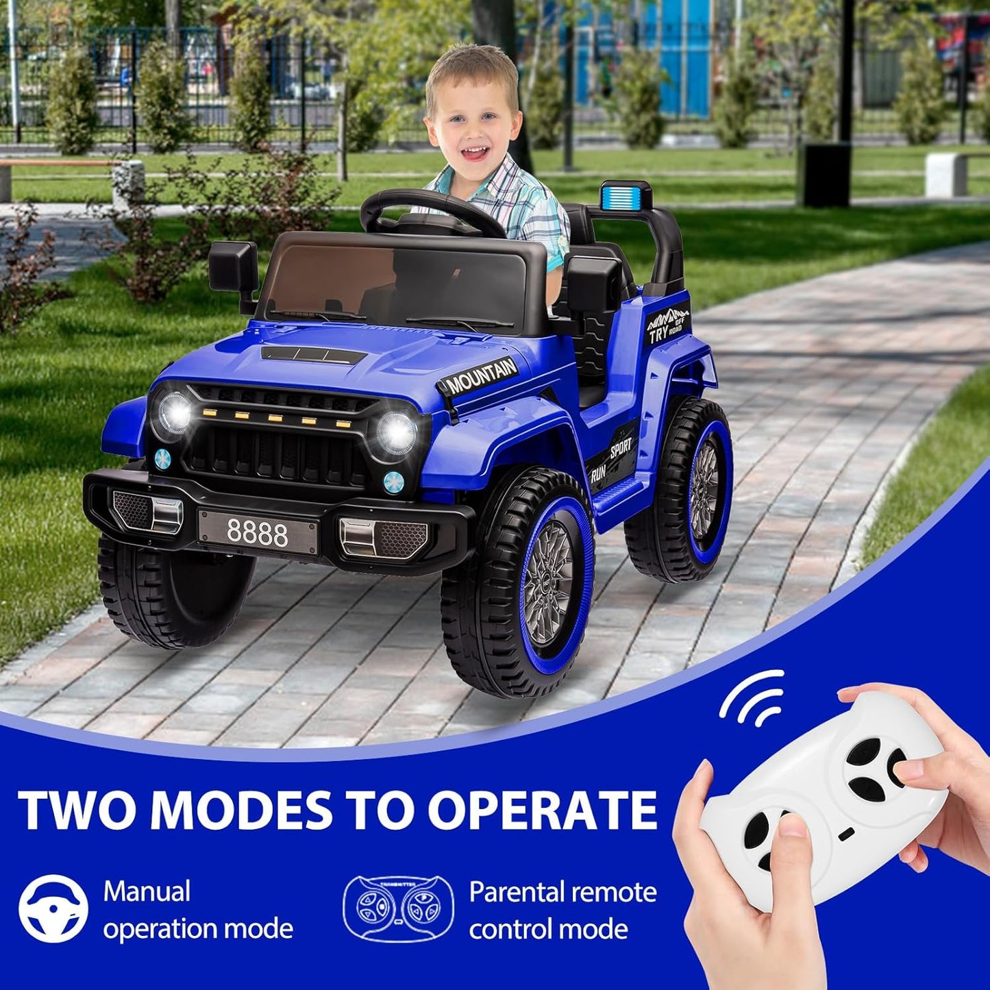 12V Kids Ride On Truck Car, Battery Powered Electric Vehicles with Remote Control, Spring Suspensions, 3 Speeds, LED Lights, Music, MP3, Ride On Toy Car for Children Toddles Boys Girls, Dark Blue