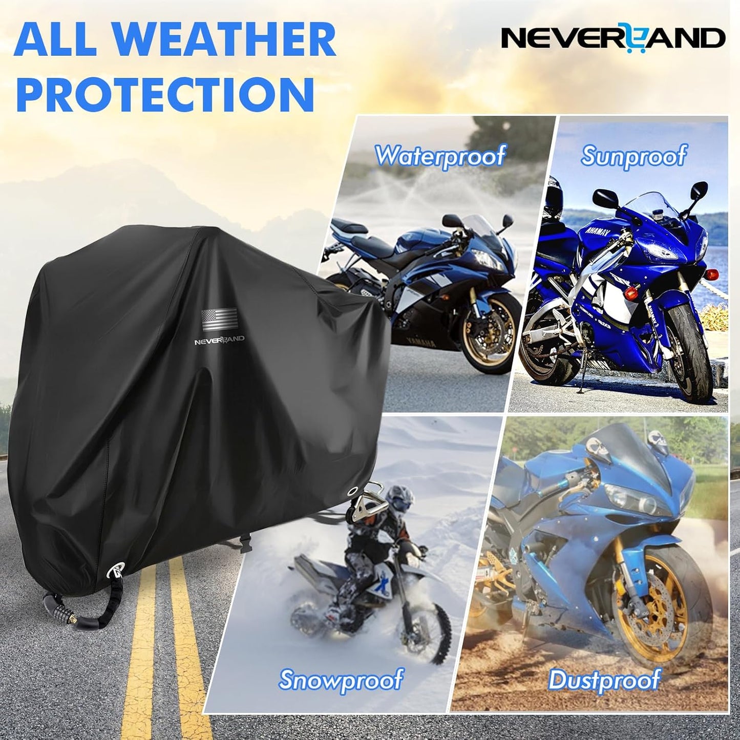 NEVERLAND Motorcycle Cover Waterproof Outdoor - Black Heavy Duty Scooter Cover, Motorbike Cover with Refletive Logo, Lock-Hole, Bandage, Storage Bag-Protect Against Dust, Debris, Rain and Weather(XL)
