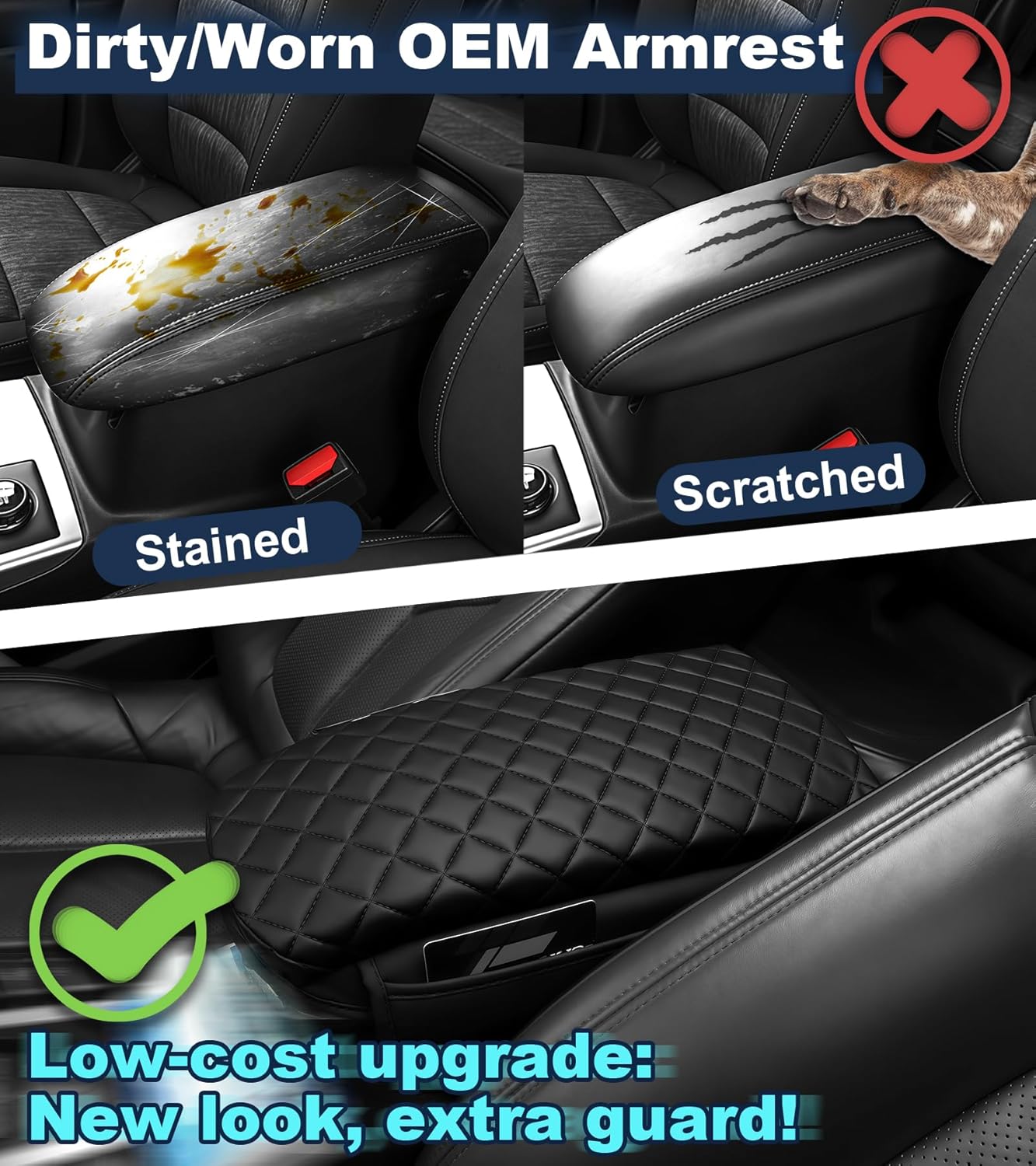 Armrest Cover for Ford Bronco Sport 2021-2025 Center Console Pad with Organizer Storage Pockets, Black Faux Leather Arm Rest Lid Protector Cushion Interior Accessories 2/4 Door(for Bronco Sport)