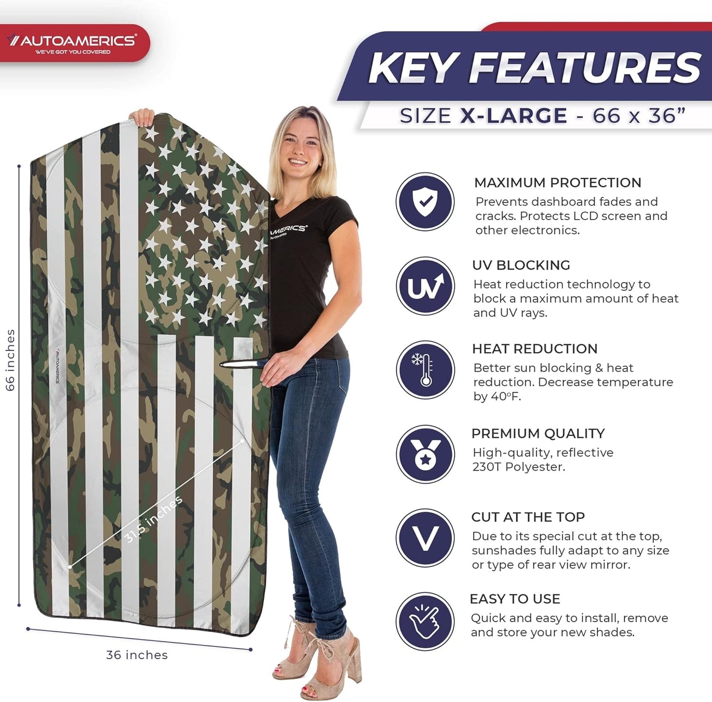 Autoamerics 1-Piece Windshield Sun Shade ERDL Camo American Flag USA Design - Foldable Car Front Window Sunshade for Most Sedans SUV Truck - Blocks Max UV Rays and Keeps Your Vehicle Cool - X-Large