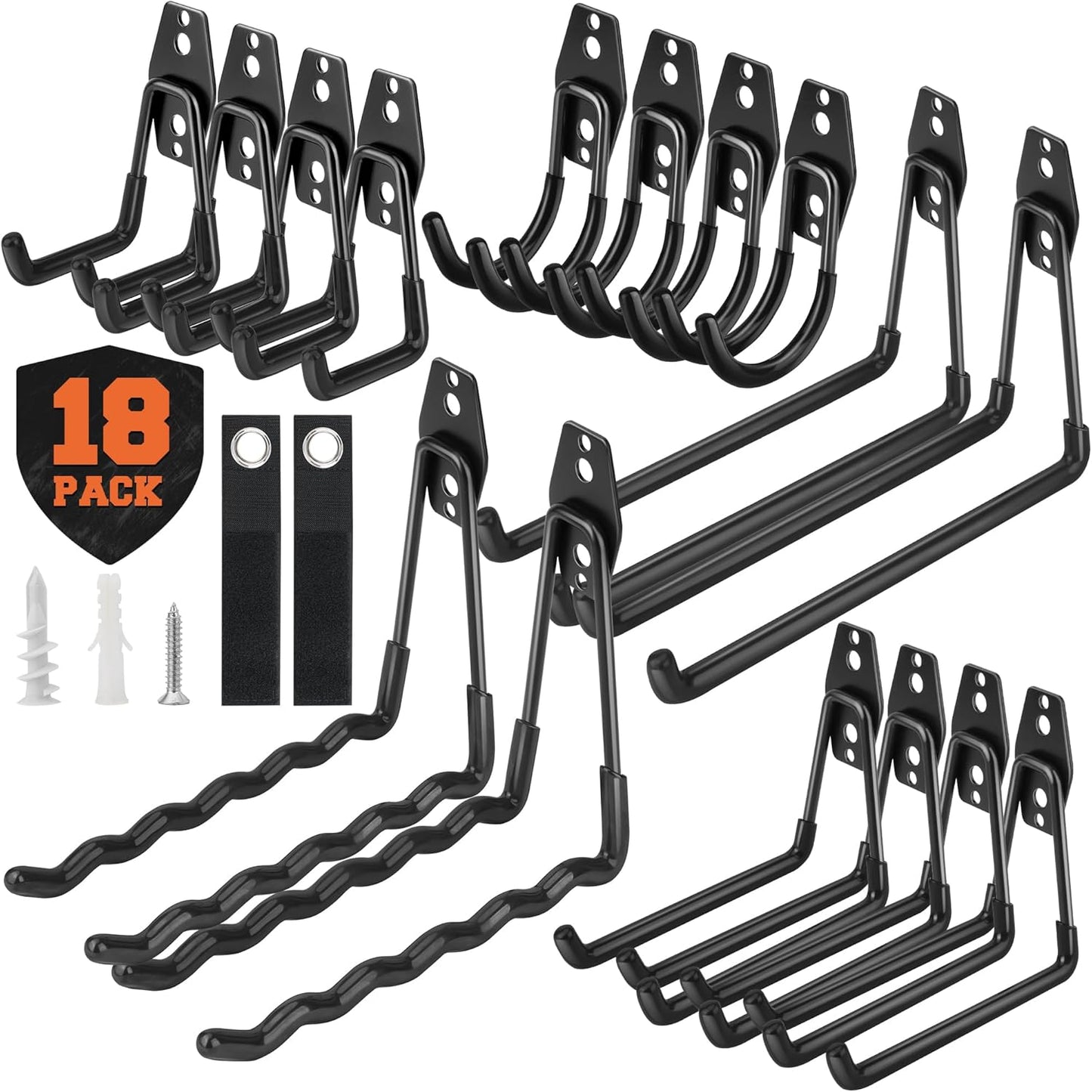 Nacial 18 Pack Garage Hooks Heavy Duty, Utility Steel Garage Storage Hook with 2 Storage Straps, Utility Garage Wall Mount Hooks for Hanging Bike, Ladder and Garden Tools, Perfect for Father Day Gifts