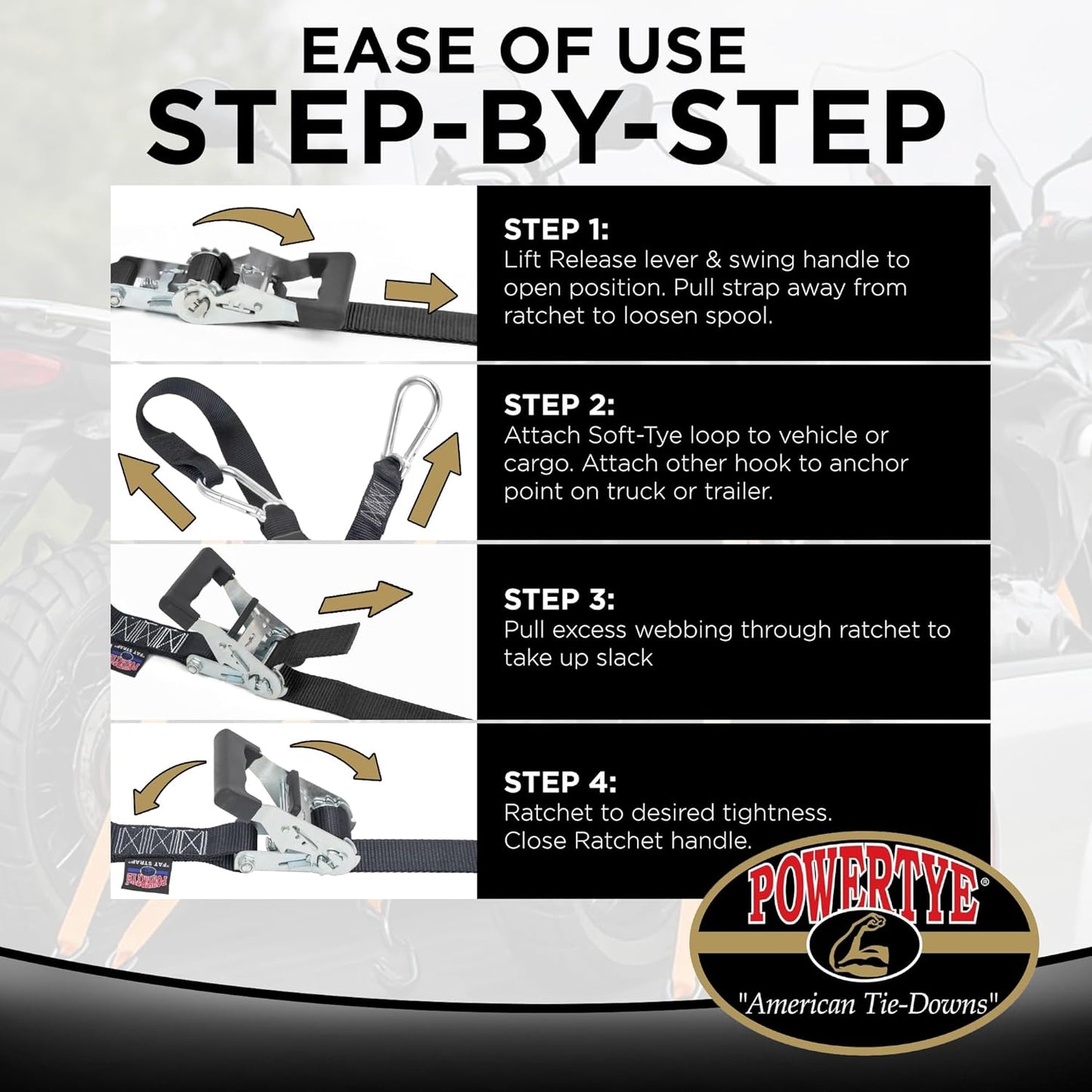 PowerTye 1.5in x 6.5ft Heavy Duty Ratchet Tie-Down Straps with Soft-Tye and Carabiner Hooks - 1,000 lb Working Load Limit / 3,000 lb Breaking Strength - Made in USA - Orange/Black Pair