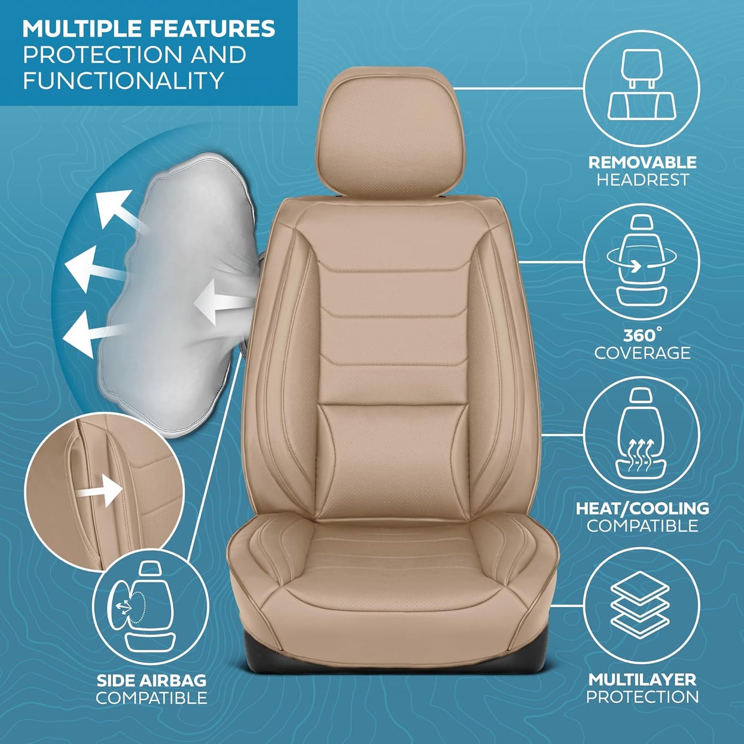 Elite Edition Faux Leather Seat Covers for Cars, Trucks, & SUV - 2 Beige Car Seat Covers for Front Seats - Universal Fit Car Accessories Automotive Interior Cover Protector for Most Vehicles