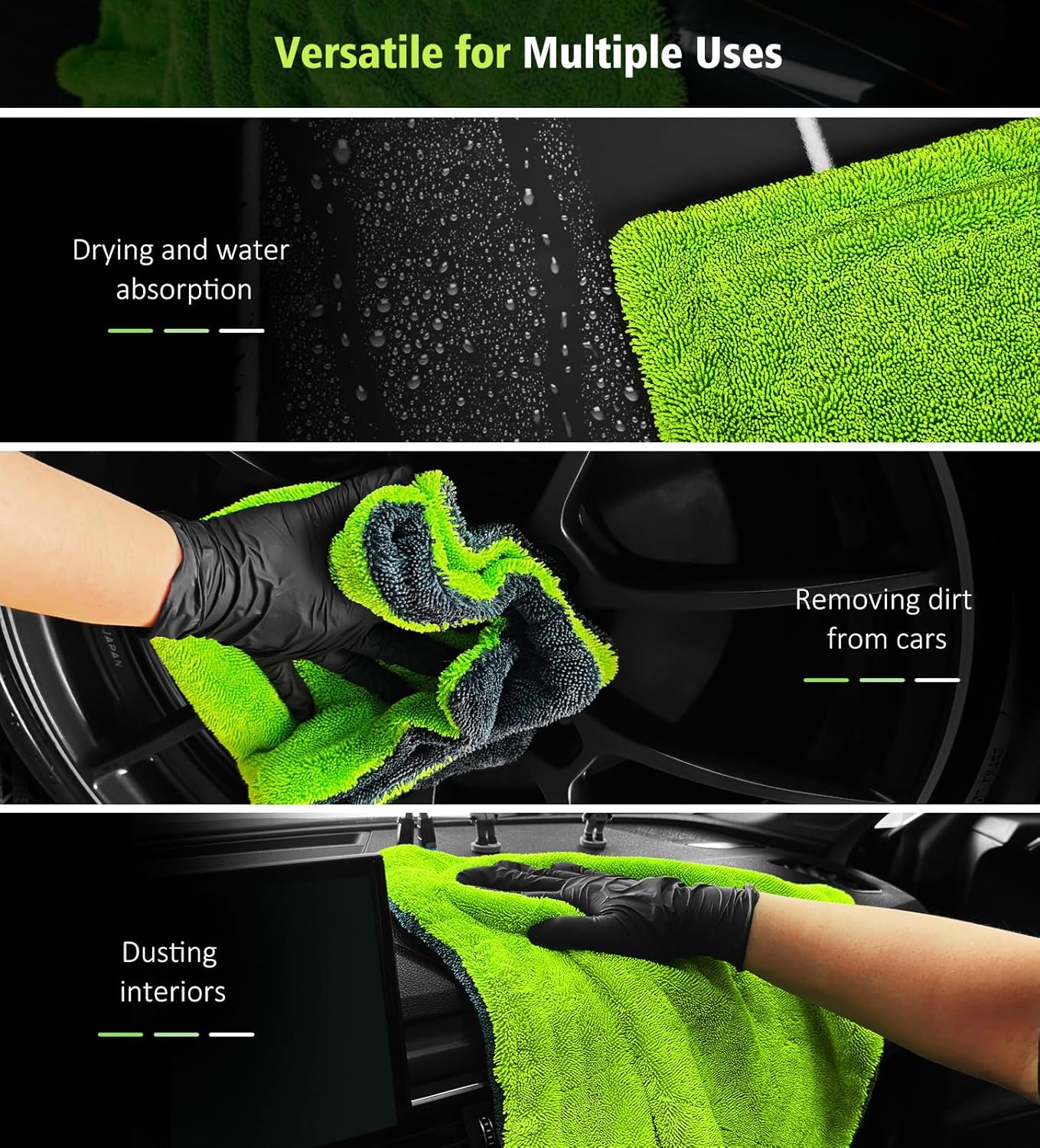 2-Pack Car Drying Towels, 16"x 16" Microfiber Drying Towel for Car Detailing, 1400 GSM High Absorbent Edgeless Streak Free Car Wash Drying Towels for Car Truck SUV, Green&Gray