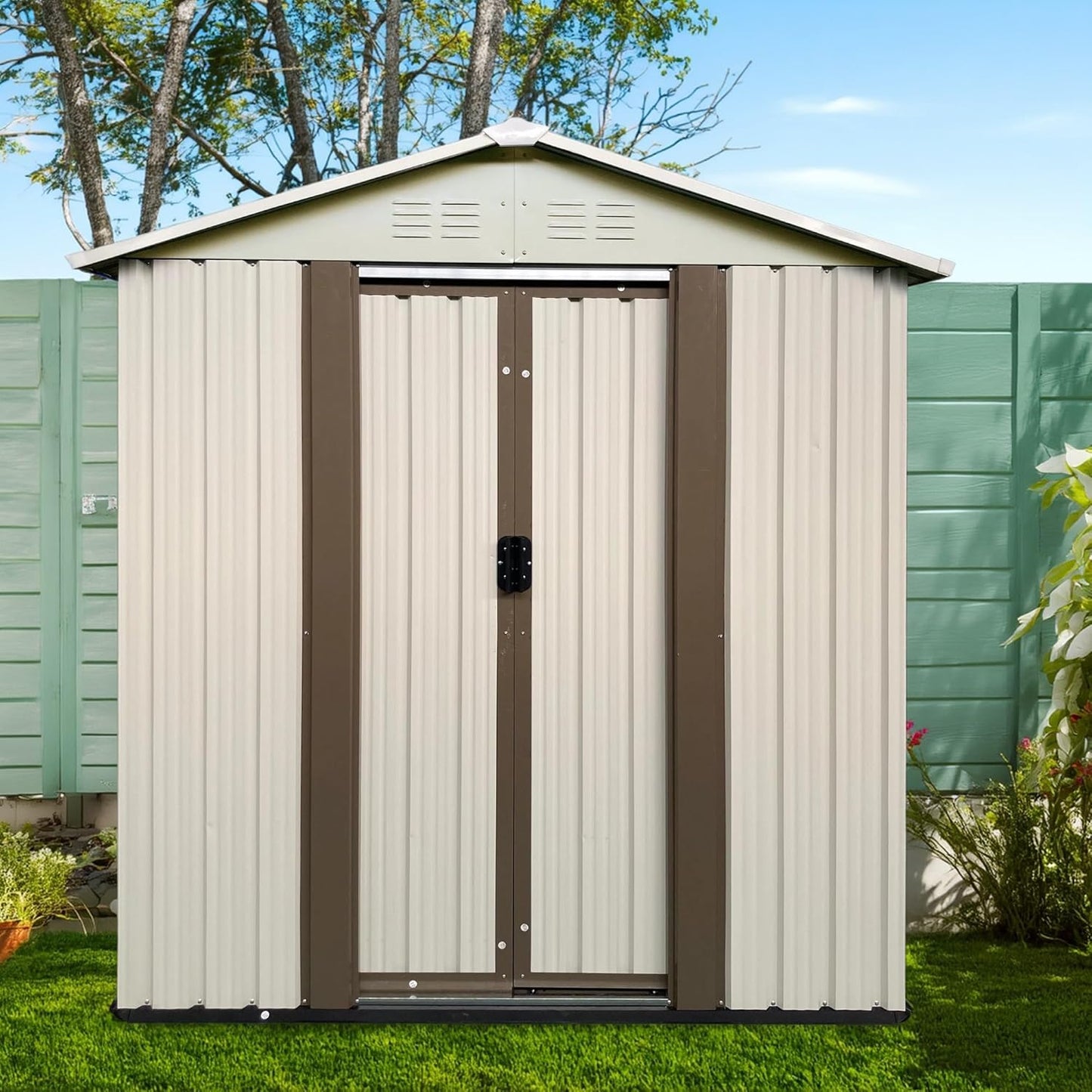 5X3 FT Outdoor Storage Shed, Waterproof Metal Garden Sheds w/Lockable Sliding Doors and Vents, Weather Resistant Tool Storage House for Backyard, Patio, Lawn, Cream White