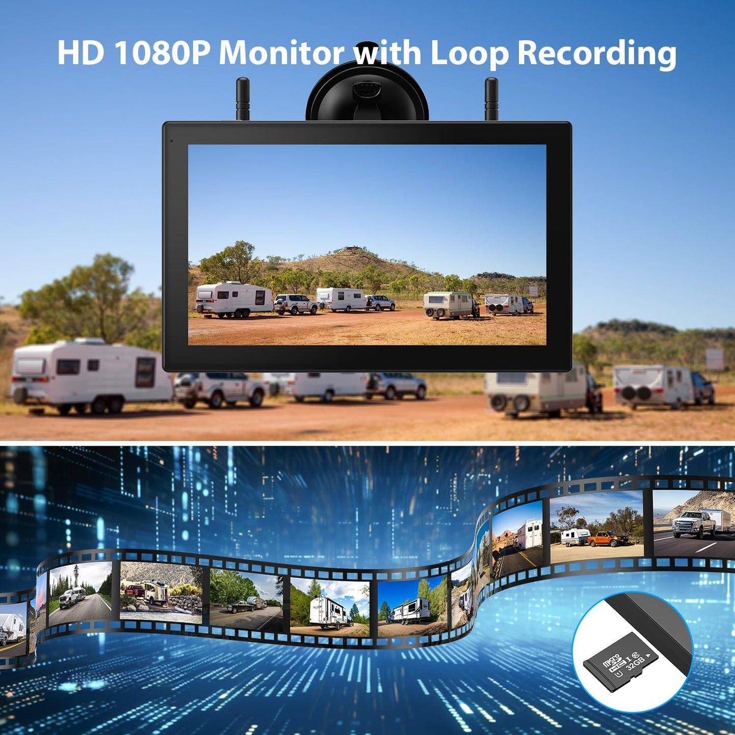 3 Magnetic Solar Wireless Backup Camera HD1080P Loop Recording 10.1 Inch Touchscreen Monitor, Quad RV Rearview Backup Cameras Wireless System for RV Trailer Tractor Truck, BL103