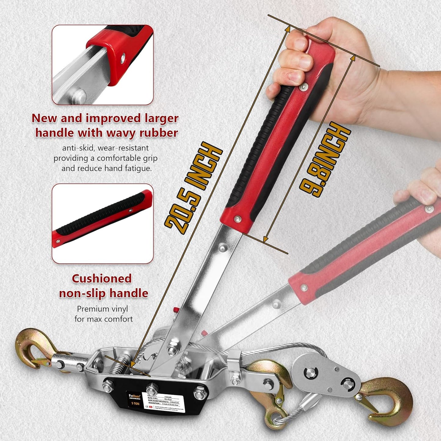 Come Along Winch 5T Pulling Capacity 11.5FT Steel Cable 3 Hooks Heavy Duty Power Cable Come Along Tool with Dual Gears Automotive Hoist Cable Puller Ideal for Vehicle Rescue