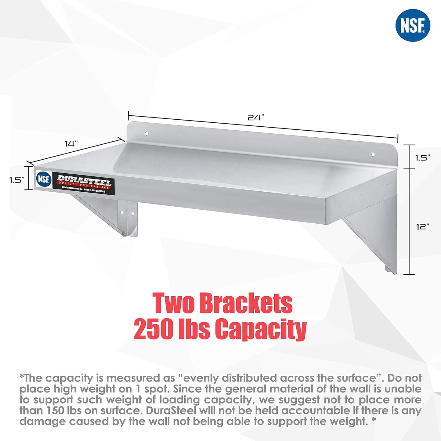 DuraSteel Stainless Steel Wall Mount Shelf 24" Wide x 14" Deep Commercial Grade - NSF Certified - Good for Restaurant, Bar, Home, Kitchen, Laundry, Garage and Utility Room