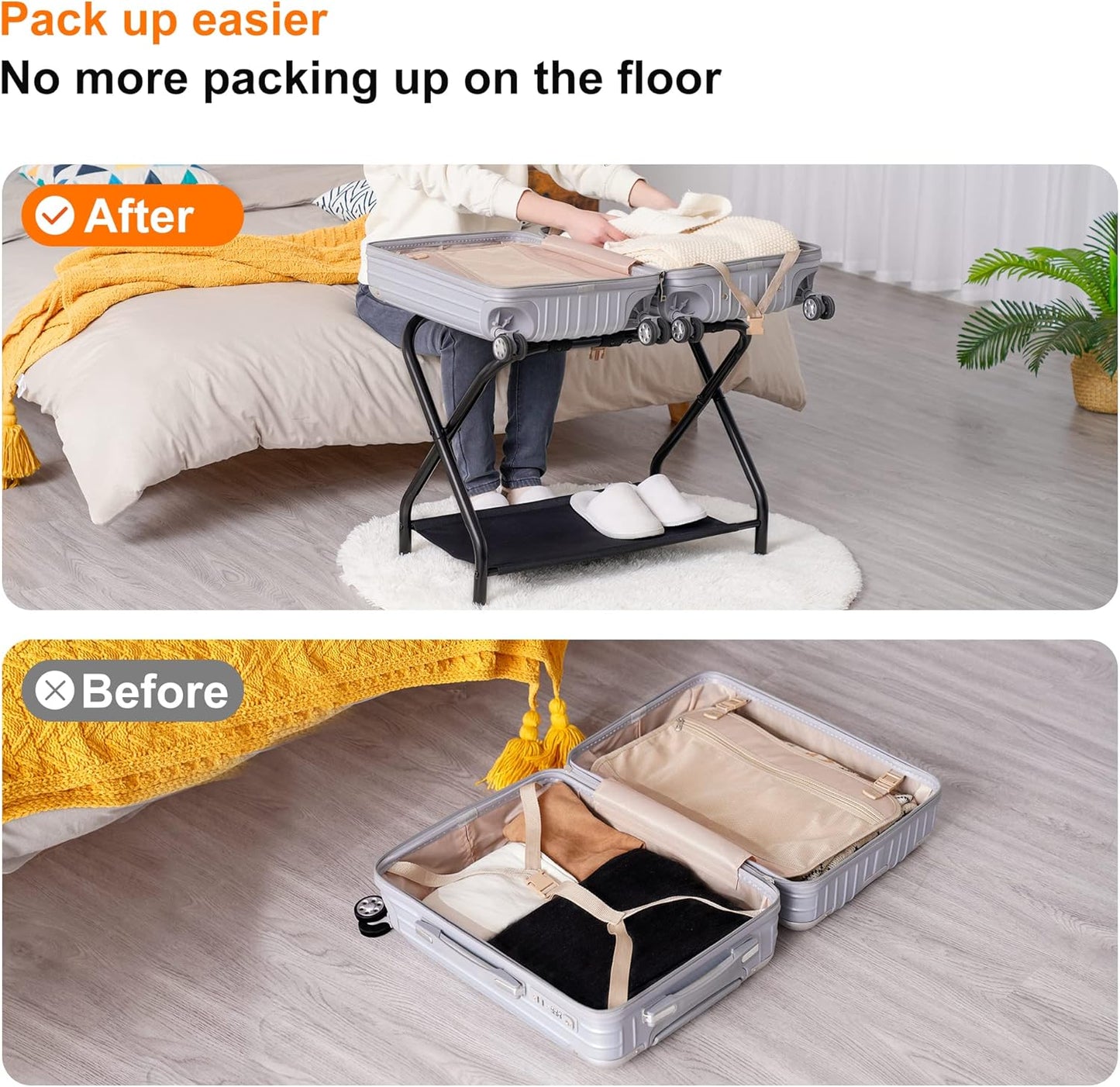 Heybly Luggage Rack, Pack of 2, Steel Folding Suitcase Stand with Storage Shelf for Bedroom, Hotel, Foldable Steel Frame, Guest Room Bedroom Hotel, 26.2" L x 14.4" W x 20.5" H, Black HLR004B2