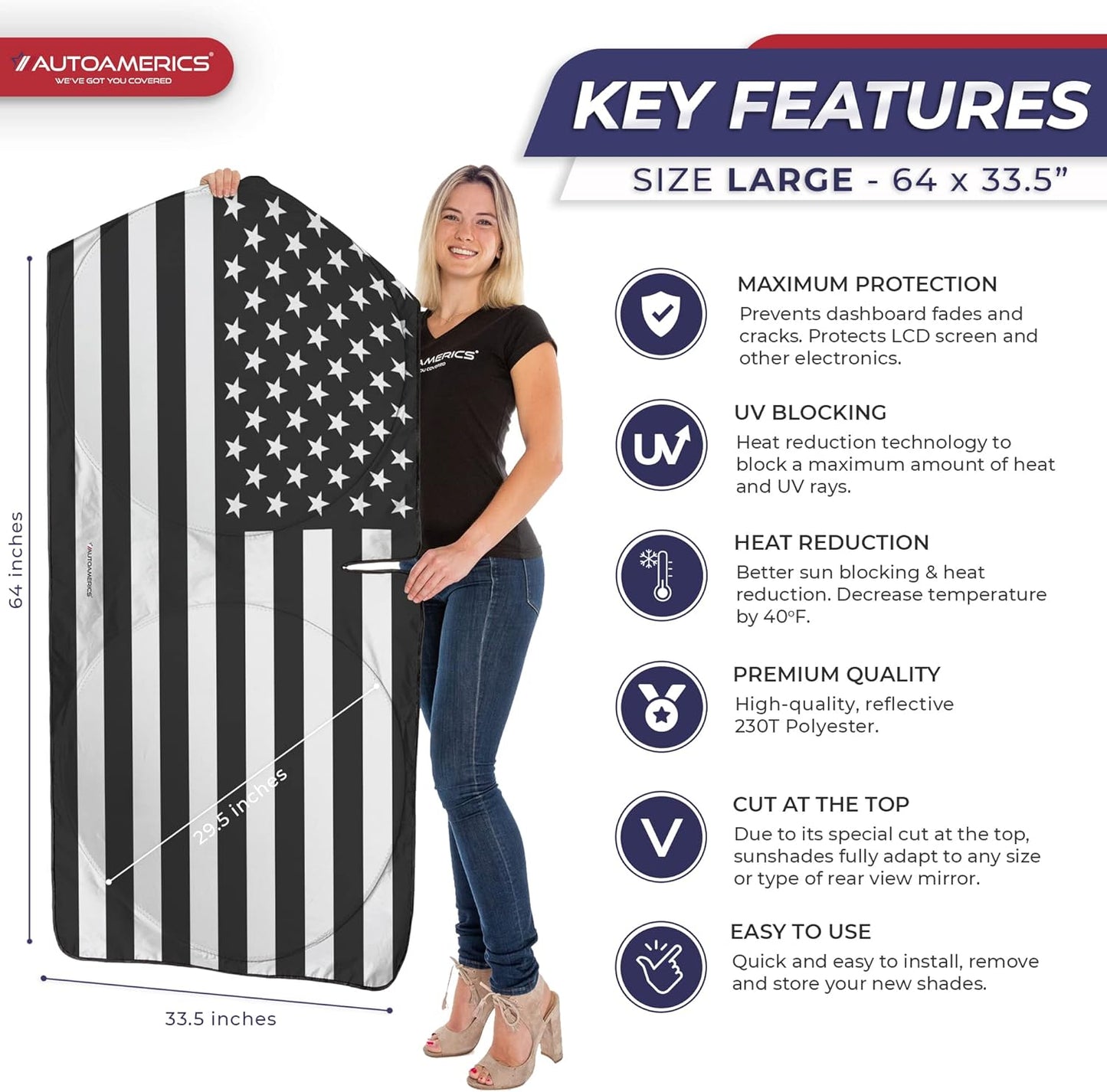 Autoamerics 1-Piece Windshield Sun Shade B&W American Flag USA Patriotic Design - Foldable Car Fits Easily to SUV & Truck Vehicles UV Ray Blocker Keeps Your Vehicle Cool Large
