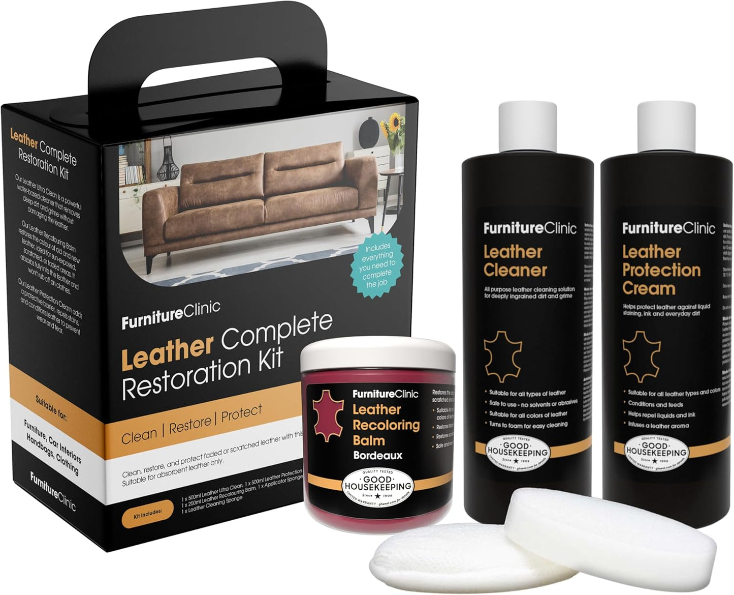 Furniture Clinic Leather Complete Restoration Kit | with Leather Recoloring Balm, Cleaner, 2-in-1 Protection Cream & Conditioner, Sponge, and Cloth | Repair Kit for Furniture (Bordeaux)