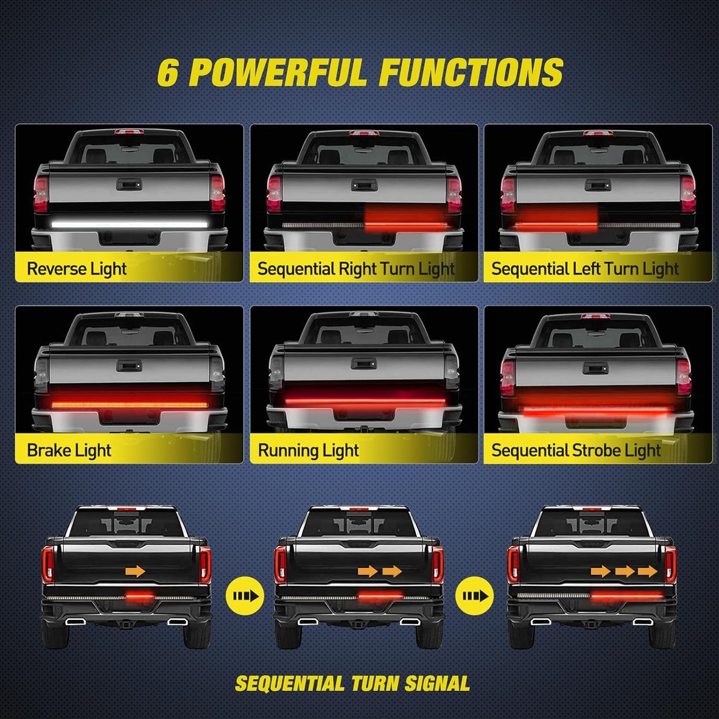 Nilight Truck Tailgate Light Strip 60" Aluminum FrameTriple Row Light Bar 1200 LED w/ Red Running Brake White Reverse Light Red Sequential Turn Signal