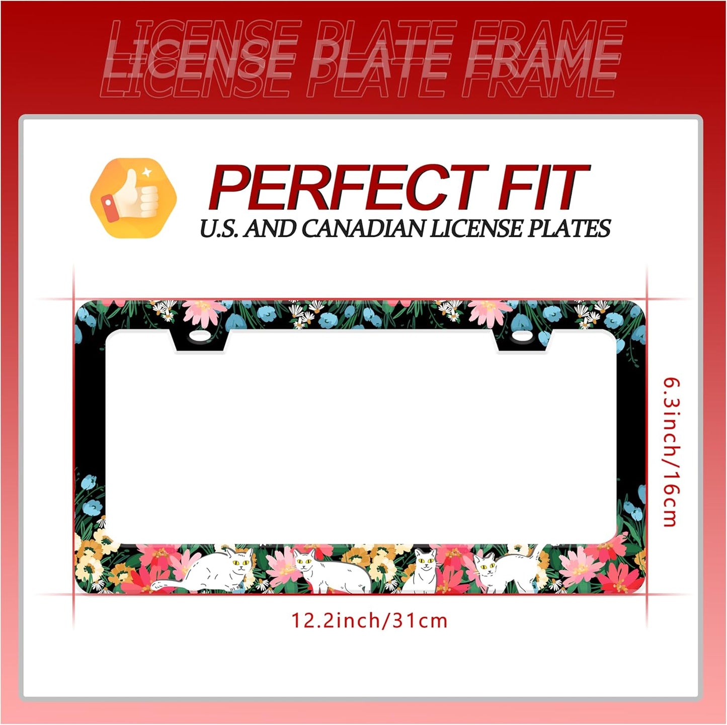 Personalized License Plate Frame Cat Flowers Stainless Steel Accessory Pet License Plate Holder Funny Car Decorative 2 Holes Screws Fits Us Standard License Plates 12.2 X 6.3 in for Men Women