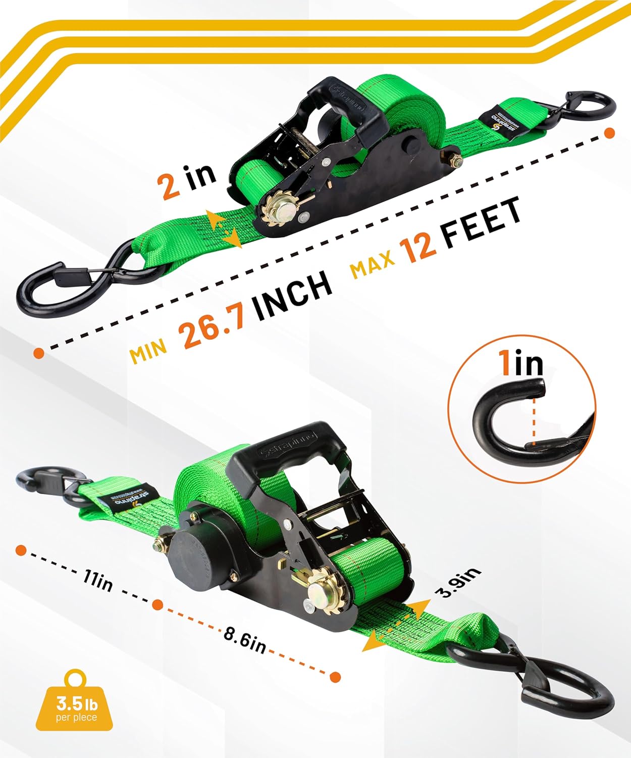 Strapinno Retractable Ratchet Tie-Down Straps,5,000 lbs Breaking Strength- 2 in x 12 ft Heavy Duty Ratchet Strap with Safety Lock S Hooks for Motorcycles, ATVs, UTVs, Lawn Equipment & Cargo (Green)