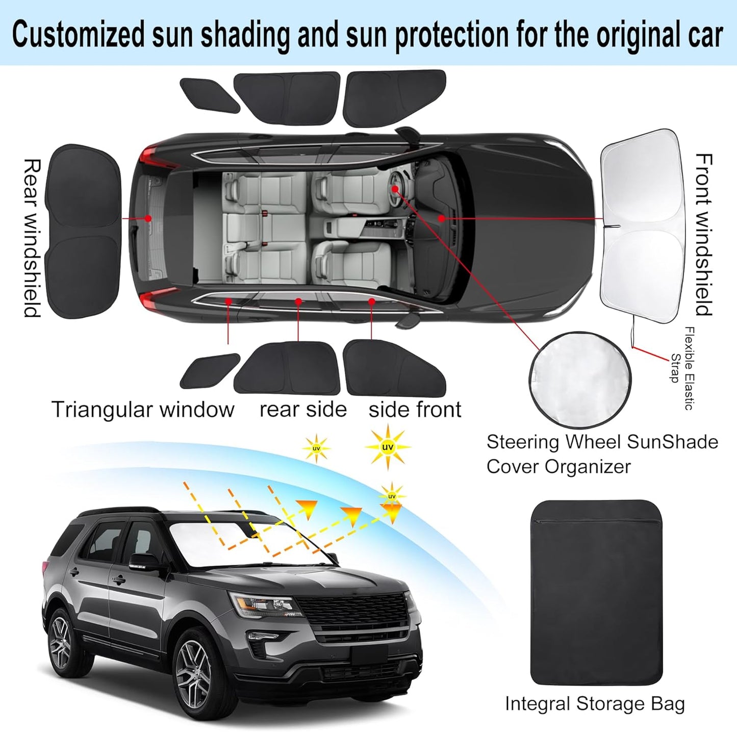 TINGLU Window Shades for Ford Explorer SUV 2011-2019 Accessories Full Windows Rear Triangular Windshield Sun Shade Sun UV Rays Privacy Protection 8PCS