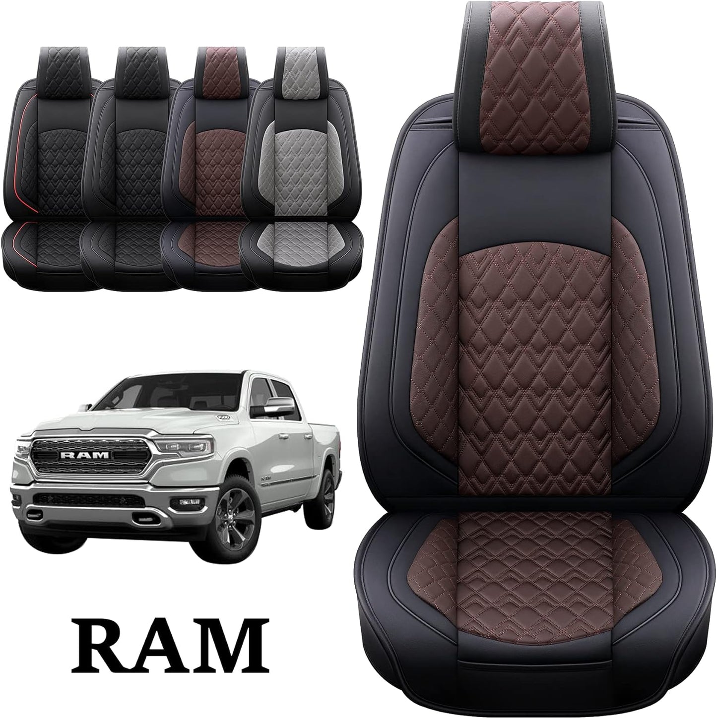 JOJOBAY Car Seat Covers for Dodge Ram Full Set,Fit Ram 2009-2025 1500/2500/3500 Pick-up Truck,Crew,Regular,Quad,Mega Cab,Waterproof Leather Seat Covers Protectors（5PCS Full Set,Black-Brown）