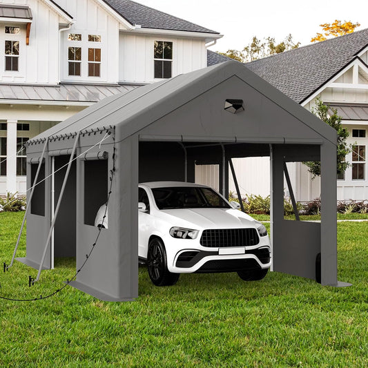 10x16 Carport, Heavy Duty Carport Canopy Garage with Removable Sidewalls and Drive Through Roll Up Zipper Doors & Side Doors, Grey