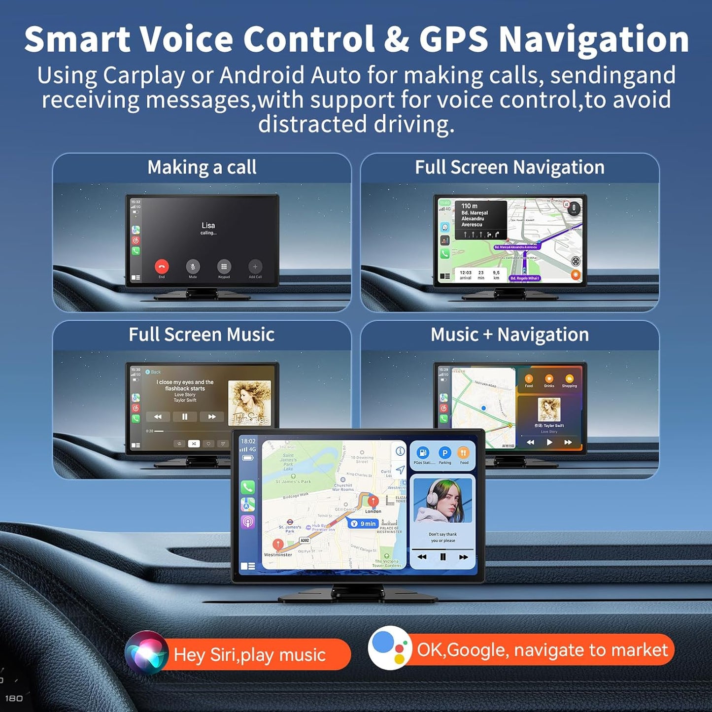 Carplay Screen for Car, 9" Portable Wireless Carplay Screen with 4K Dash Cam, 1080P Backup Camera, Car Stereo for Carplay & Android Auto GPS Navigation/Bluetooth/Mirror Link/Voice Control/AUX/FM/Siri