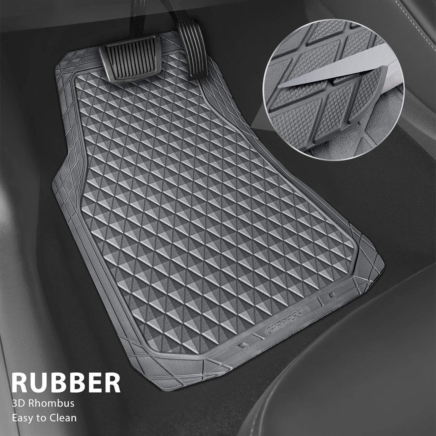 CAR PASS Gray Rubber Car Mats, All-Weather Floor Mats Full Set Durable Anti-Slip 3D Rhombus Waterproof Automotive Pad Trim to Fit Liner Universal Fit for Sedan SUV Truck Van, 4 Pcs All Gray Rubber